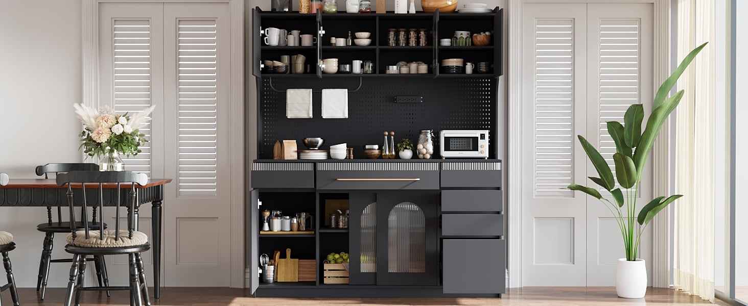 (Assembly Video Offered) TOPMAX Freestanding 63'' W Buffet with Hutch, Large Coffee Bar Storage Cabinet with 6 Drawers, 5 Cabinets with Adjustable Shelves,Pegboard,Towel Rack, Power Outlet,Black