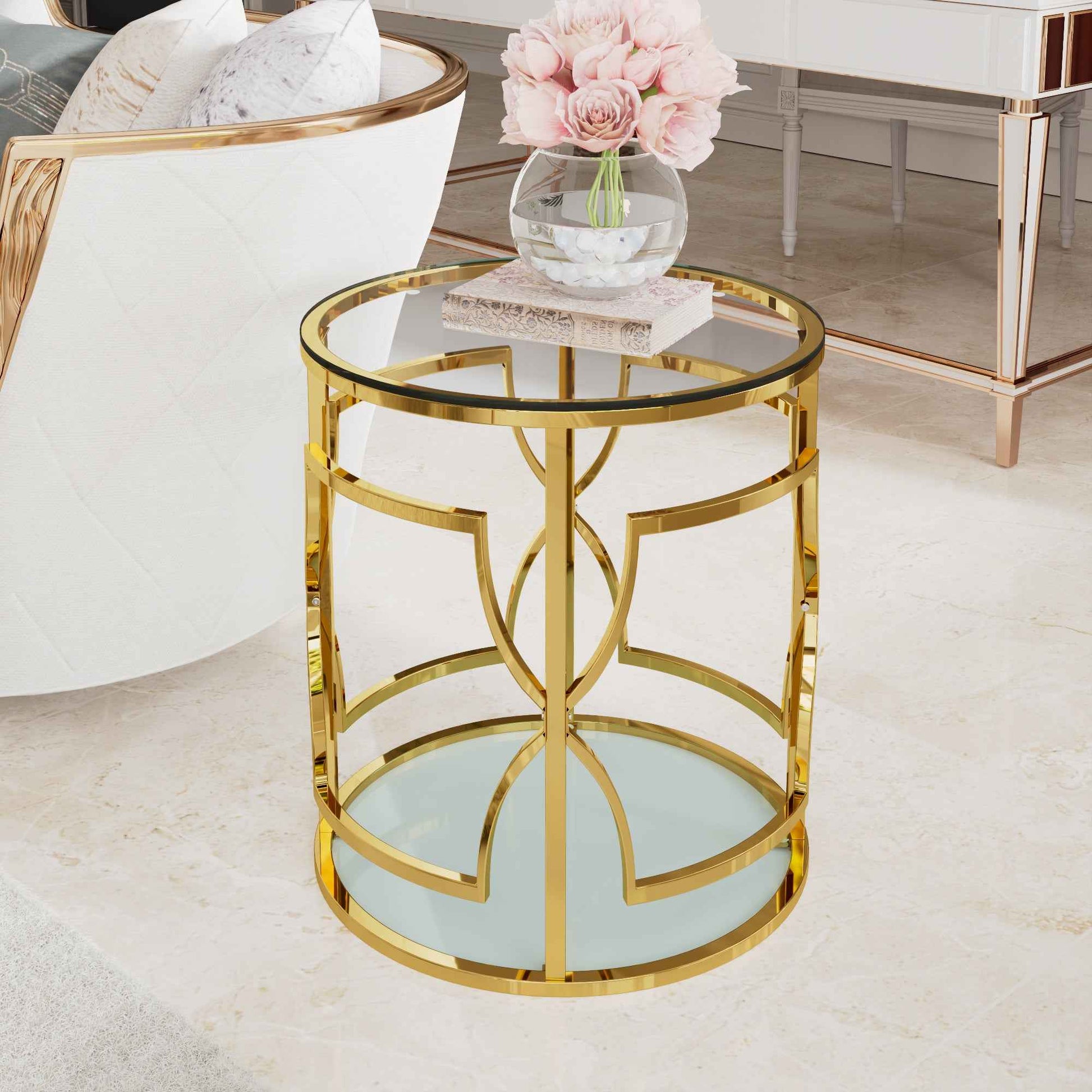 19.7' Luxury Gold Round Side Table with Tempered Glass Top & Storage Shelf, Modern Glam End Table with Metal Frame for Living Room, Bedroom, Sofa Side, Small Space Accent Table