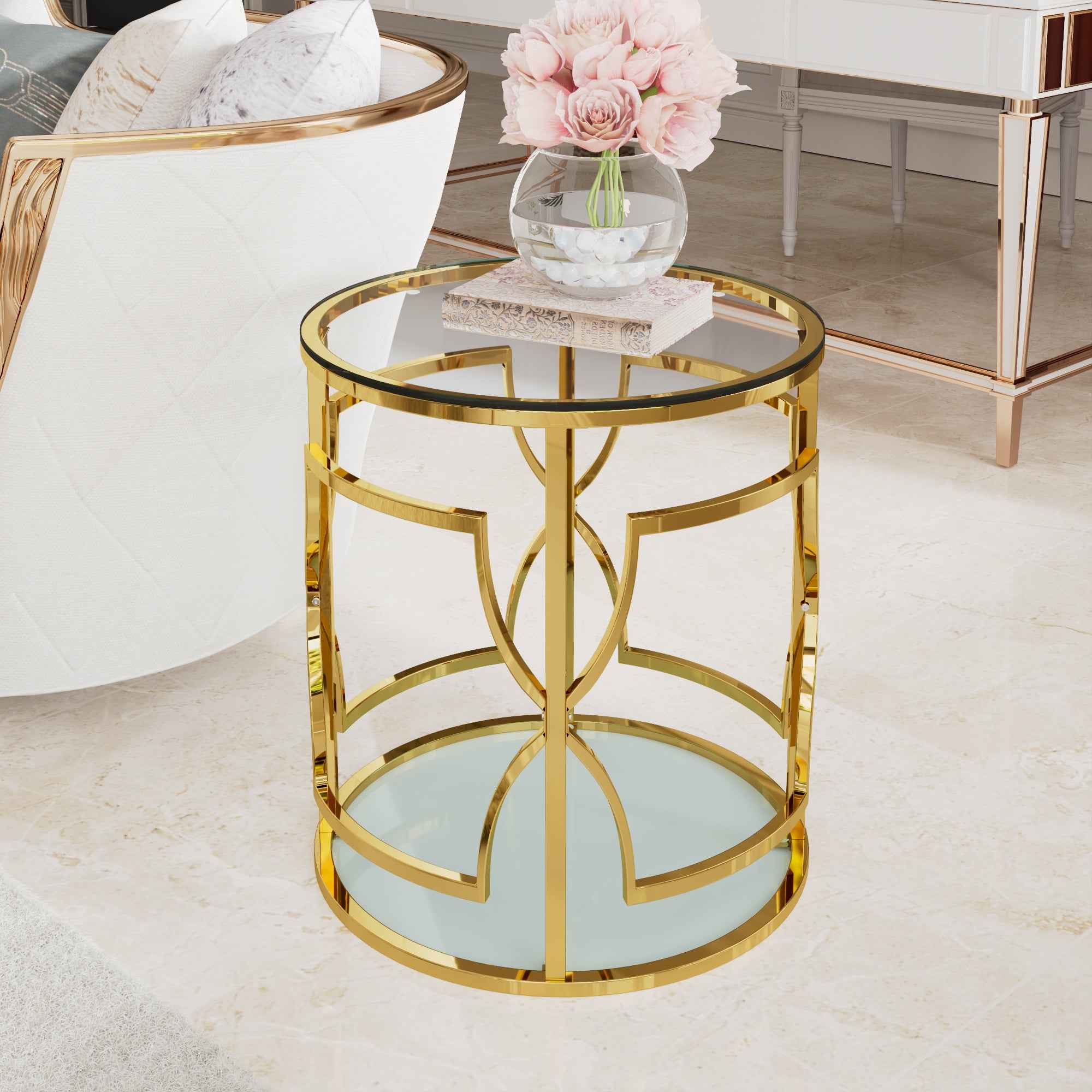 19.7' Luxury Gold Round Side Table with Tempered Glass Top & Storage Shelf, Modern Glam End Table with Metal Frame for Living Room, Bedroom, Sofa Side, Small Space Accent Table