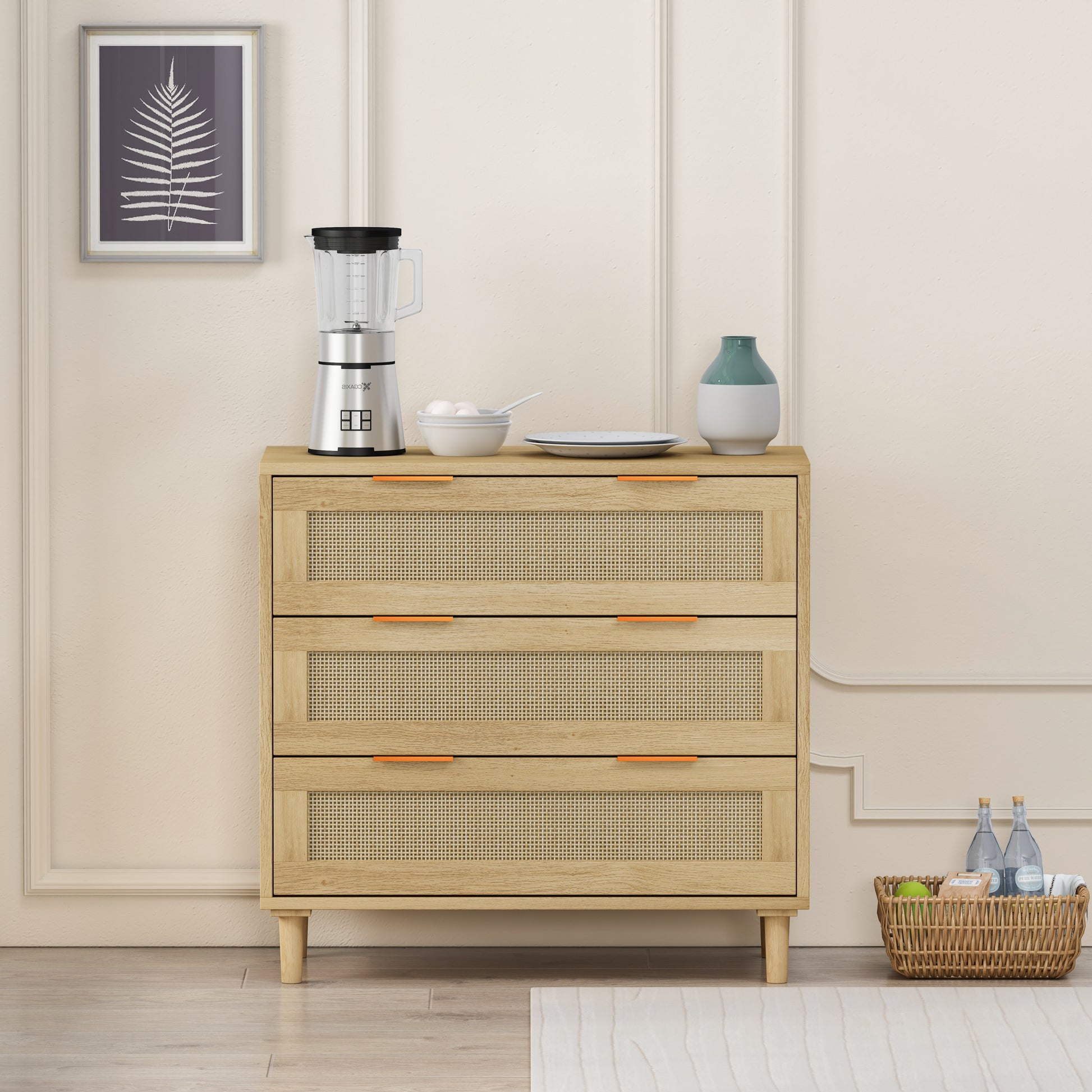 31.50'3-Drawers Rattan Storage Cabinet Rattan Drawer,for Bedroom,Living Room,Dining Room,Hallways,Oak - Abrihome