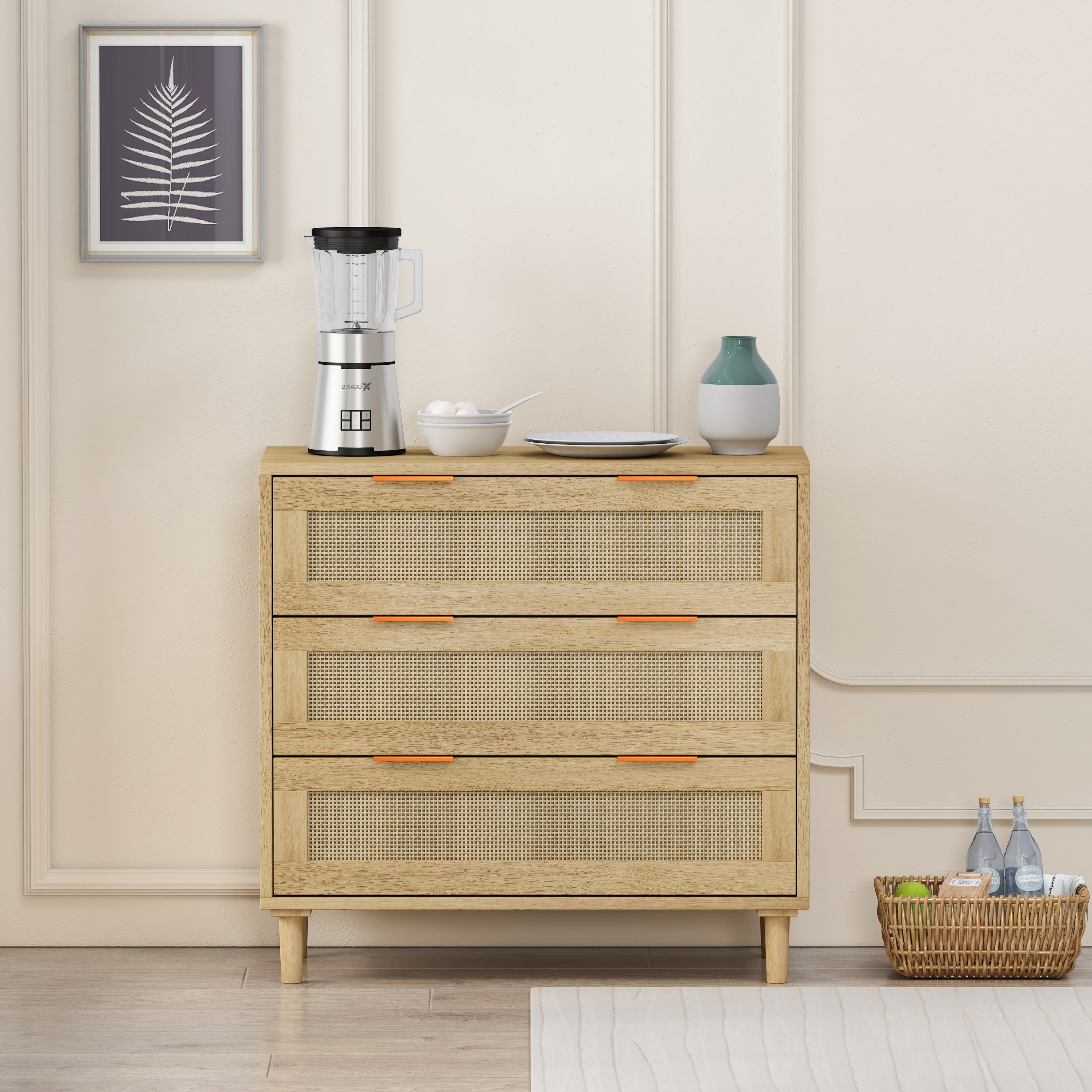 31.50'3-Drawers Rattan Storage Cabinet Rattan Drawer,for Bedroom,Living Room,Dining Room,Hallways,Oak - Abrihome