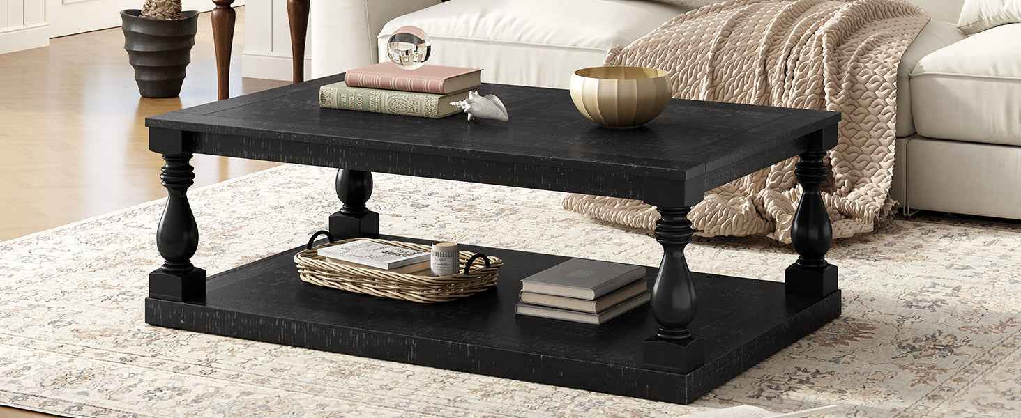 U_STYLE Vintage Coffee Table Featuring Artistic Vase Column Legs and Luxurious Pine Veneer for Timeless Charm,Suitable for living room, study room