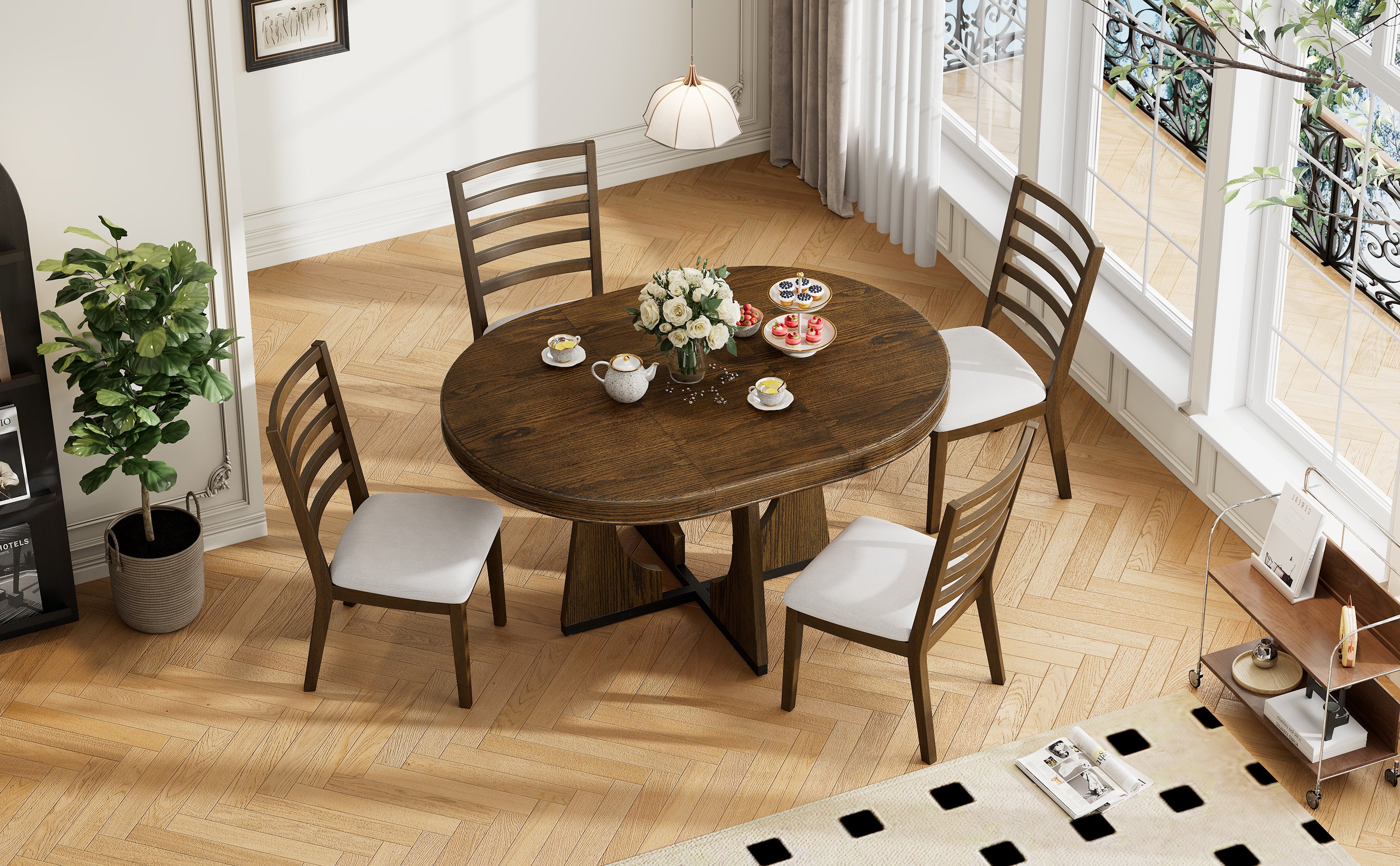 TREXM 5-Piece Retro Rustic Functional Dining Set Unique Geometric Design, 1 Extendable Table with a 16-inch Leaf and 4 Upholstered Chairs Ideal for Dining Room and Kitchen (Walnut)