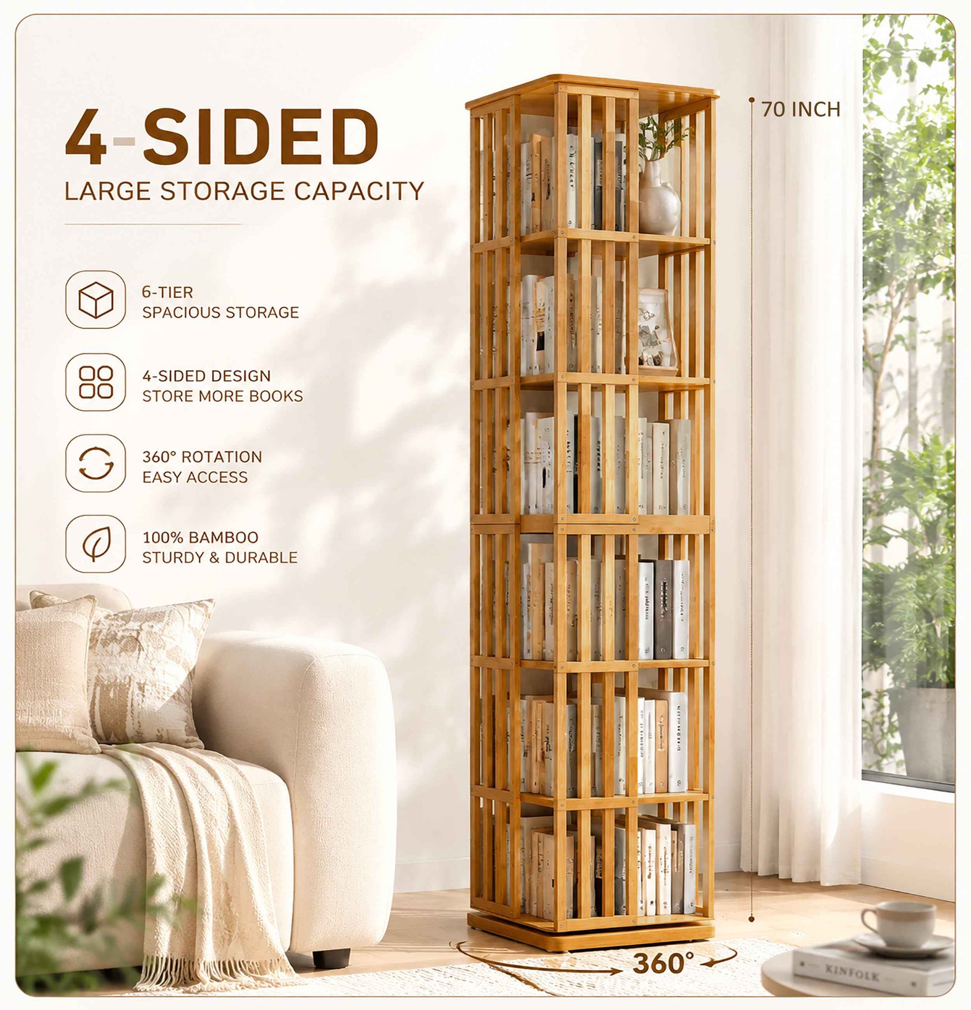Rotating Bookshelf Tower, 360° Display Spinning Bookcase, 6 Tier Bamboo Bookshelf Floor Standing Storage Rack, Wood Narrow Book Shelf Organizer for Kids Adults (BROWN)