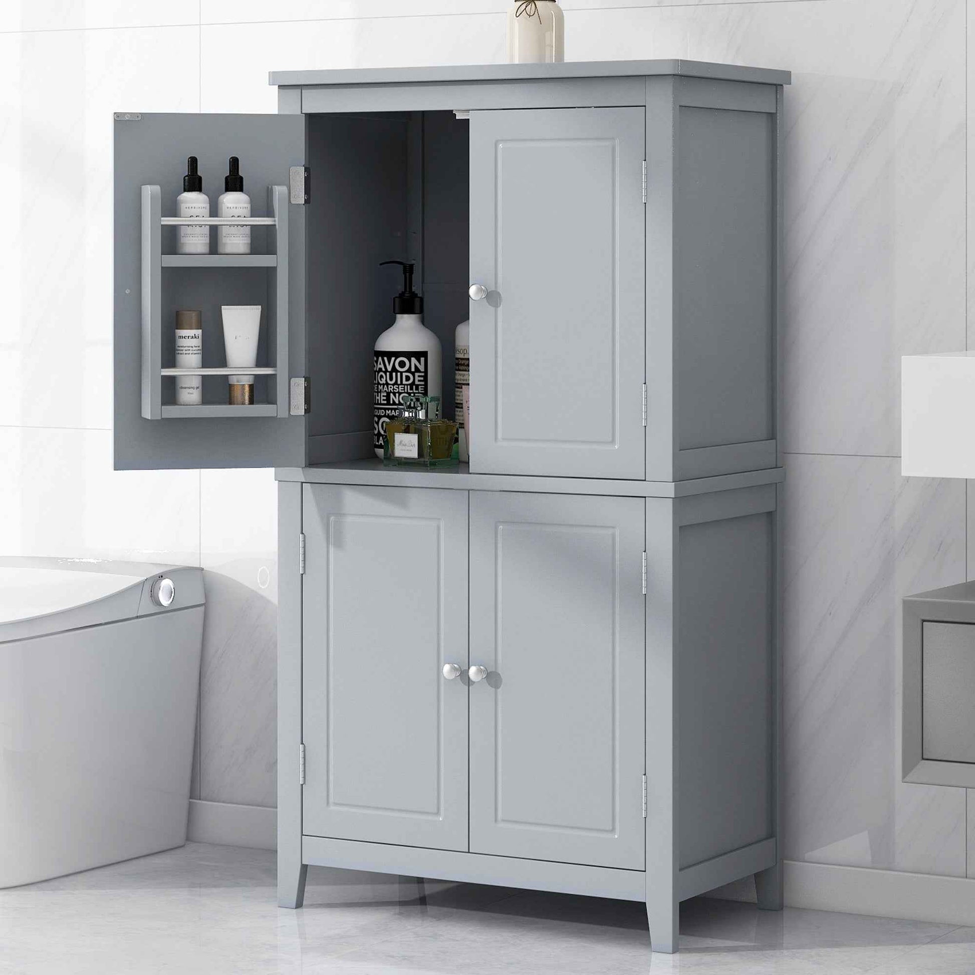Elegant Bathroom Floor Storage Cabinet, Bathroom Storage Unit, Freestanding Cabinet with 4 Doors, Adjustable Shelves, Adaptable Shelves, Grey