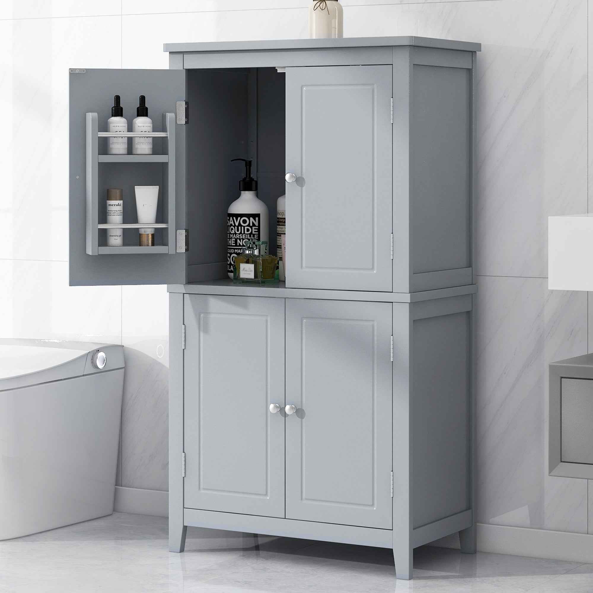 Elegant Bathroom Floor Storage Cabinet, Bathroom Storage Unit, Freestanding Cabinet with 4 Doors, Adjustable Shelves, Adaptable Shelves, Grey
