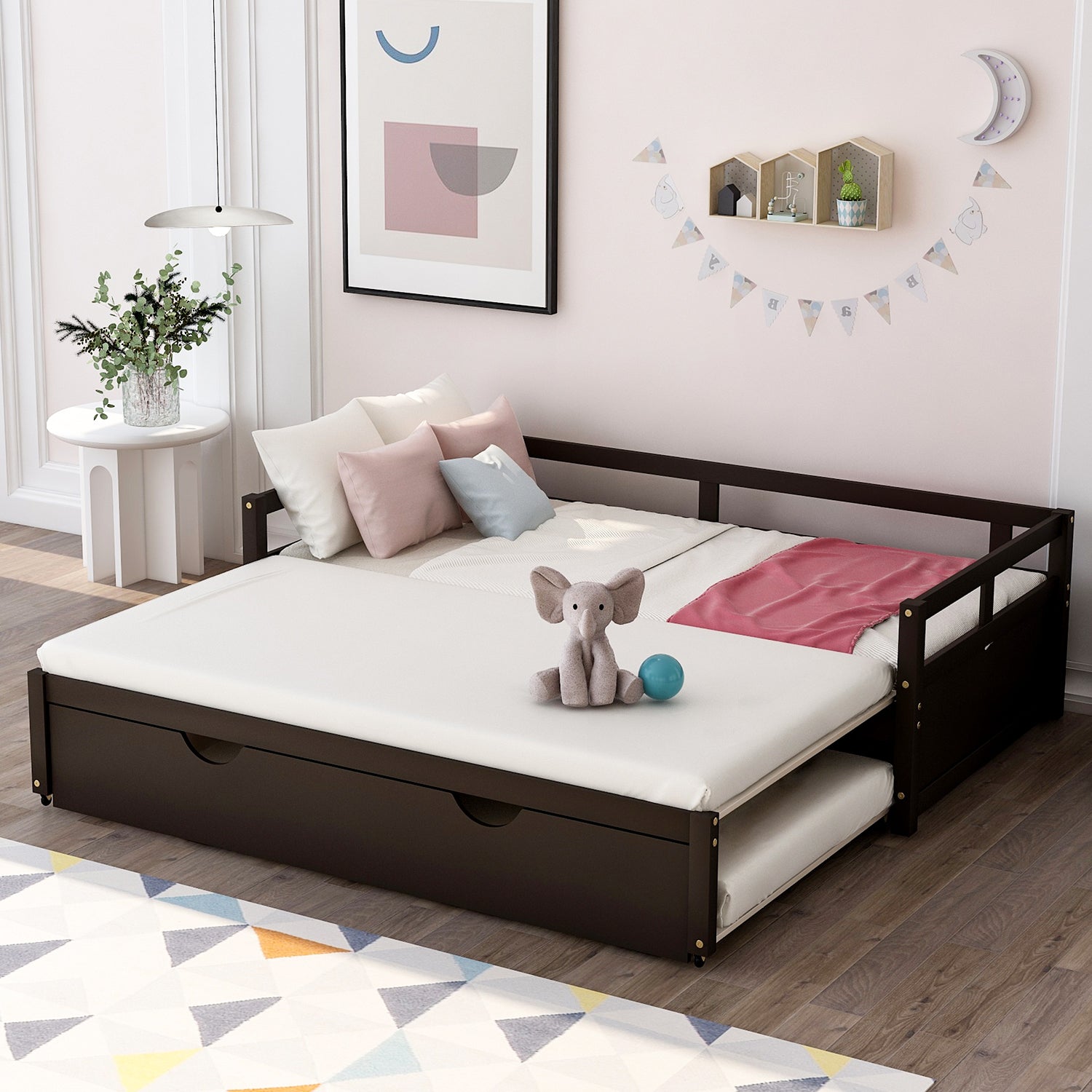 Extending Daybed with Trundle, Wooden Daybed with Trundle, Espresso - Abrihome