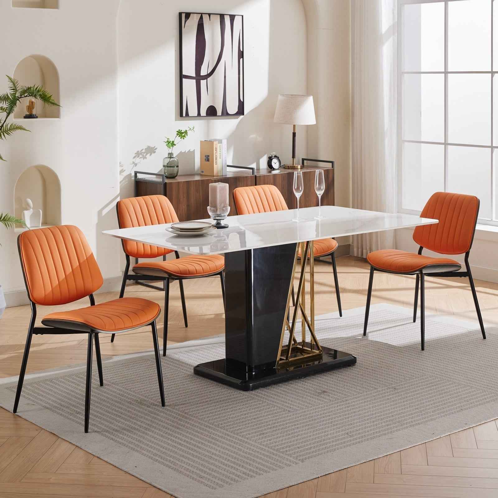 A&A Furniture, Dining Chairs Set of 2 Mid Century Modern Retro Faux Leather Chair with Walnut Bentwood Back Upholstered Seat Metal Legs Adjustable Foot for Kitchen Dining Room Chairs(Orange  PU)