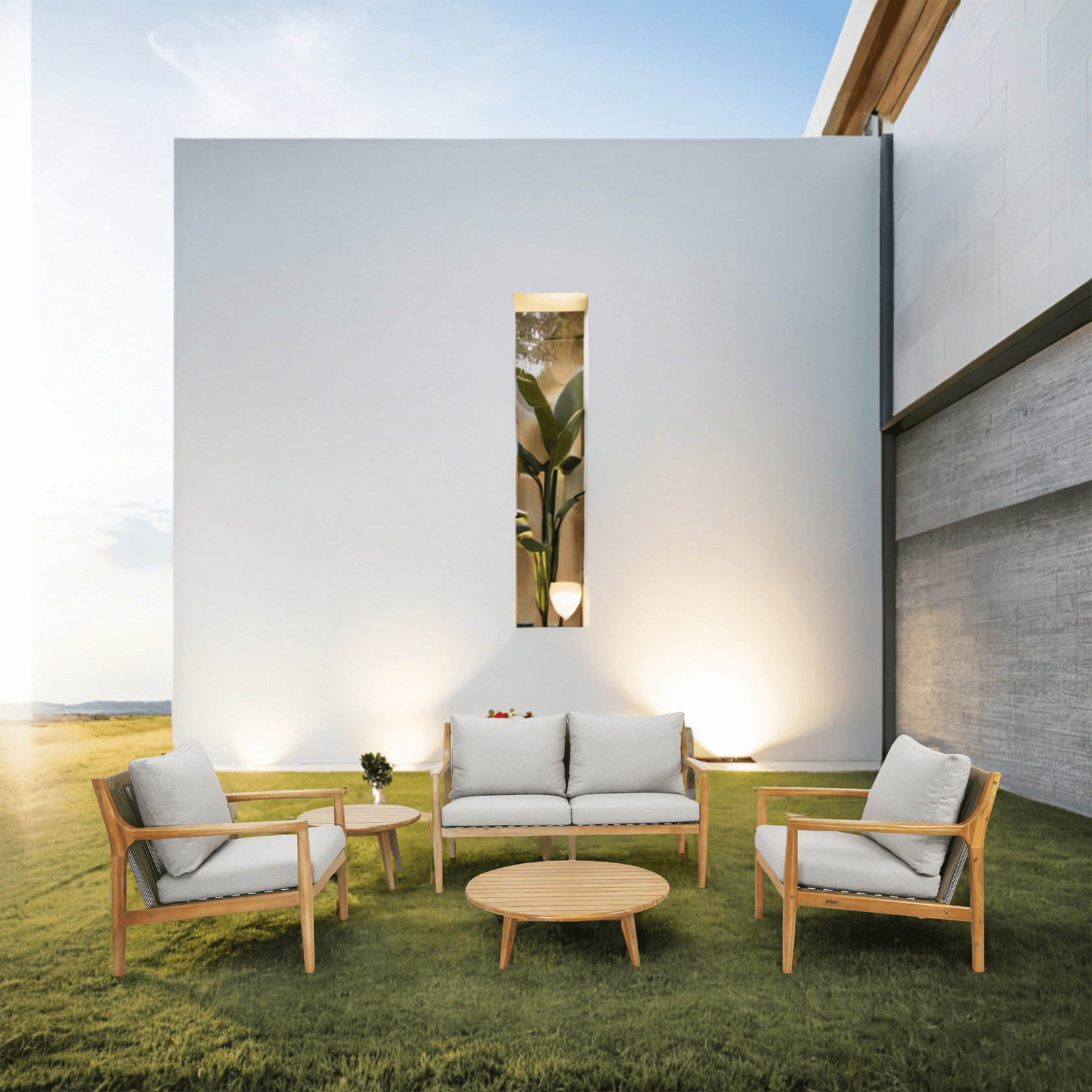 5-Piece Solid Acacia Wood Outdoor Sofa Set(PAS-2513-2SC+SC*2+TA+ST) - Abrihome