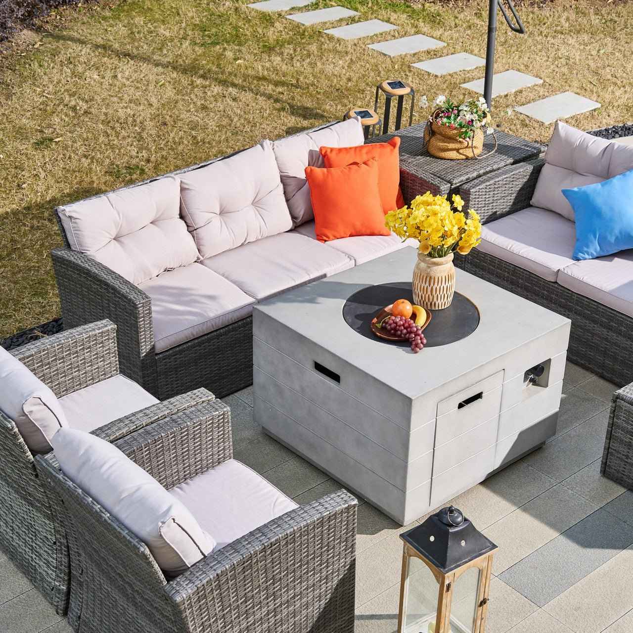 7-Piece Outdoor Fire Pit Sofa Set with Hand-Woven Rattan (PAS-1503-GR+2140)