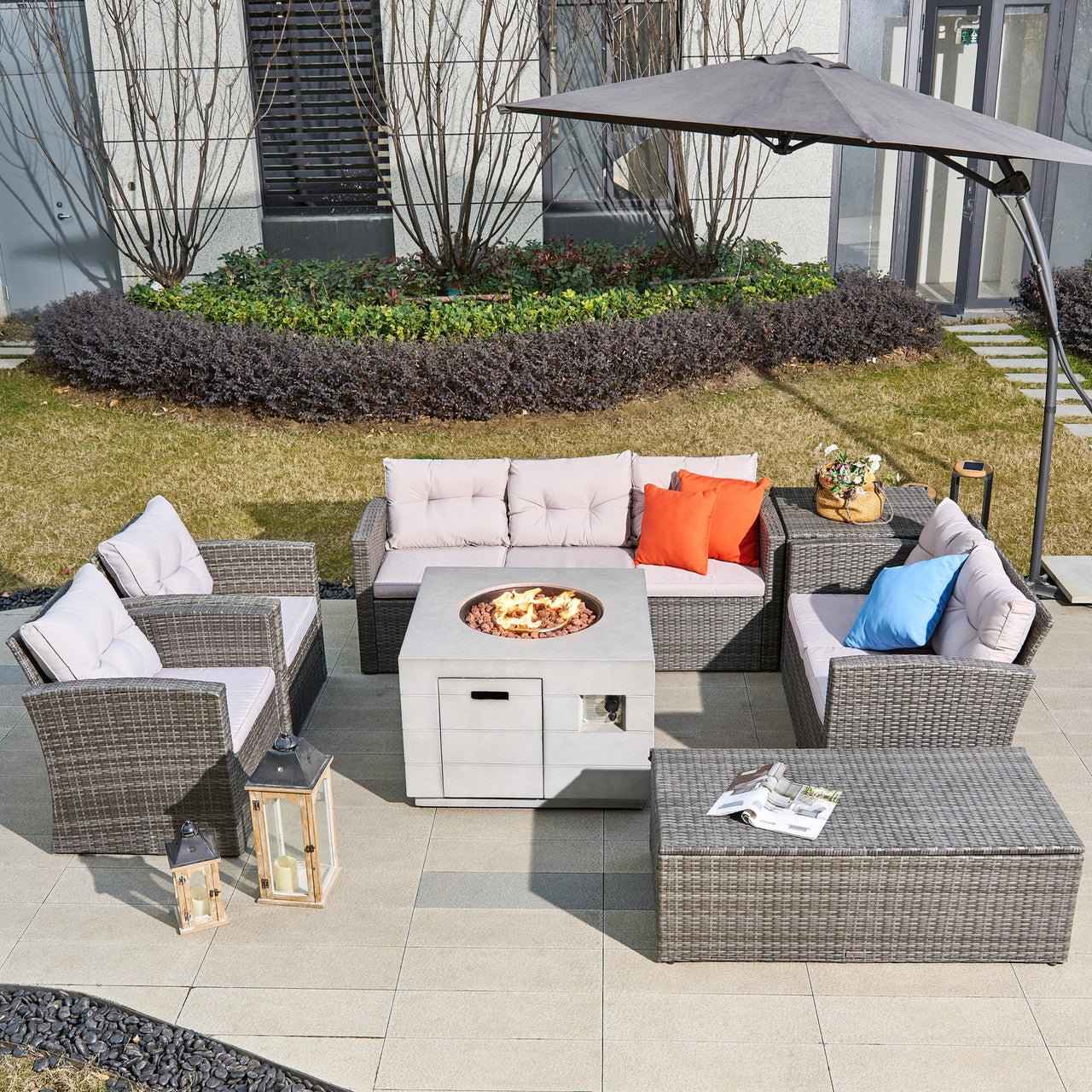 7-Piece Outdoor Fire Pit Sofa Set with Hand-Woven Rattan (PAS-1503-GR+2140)