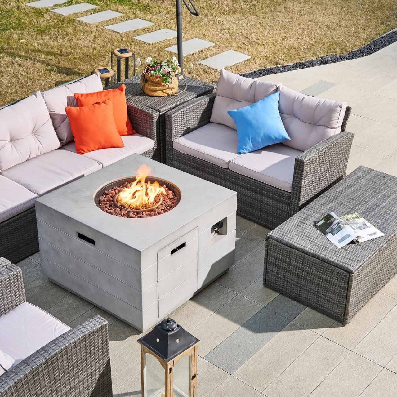 7-Piece Outdoor Fire Pit Sofa Set with Hand-Woven Rattan (PAS-1503-GR+2140)