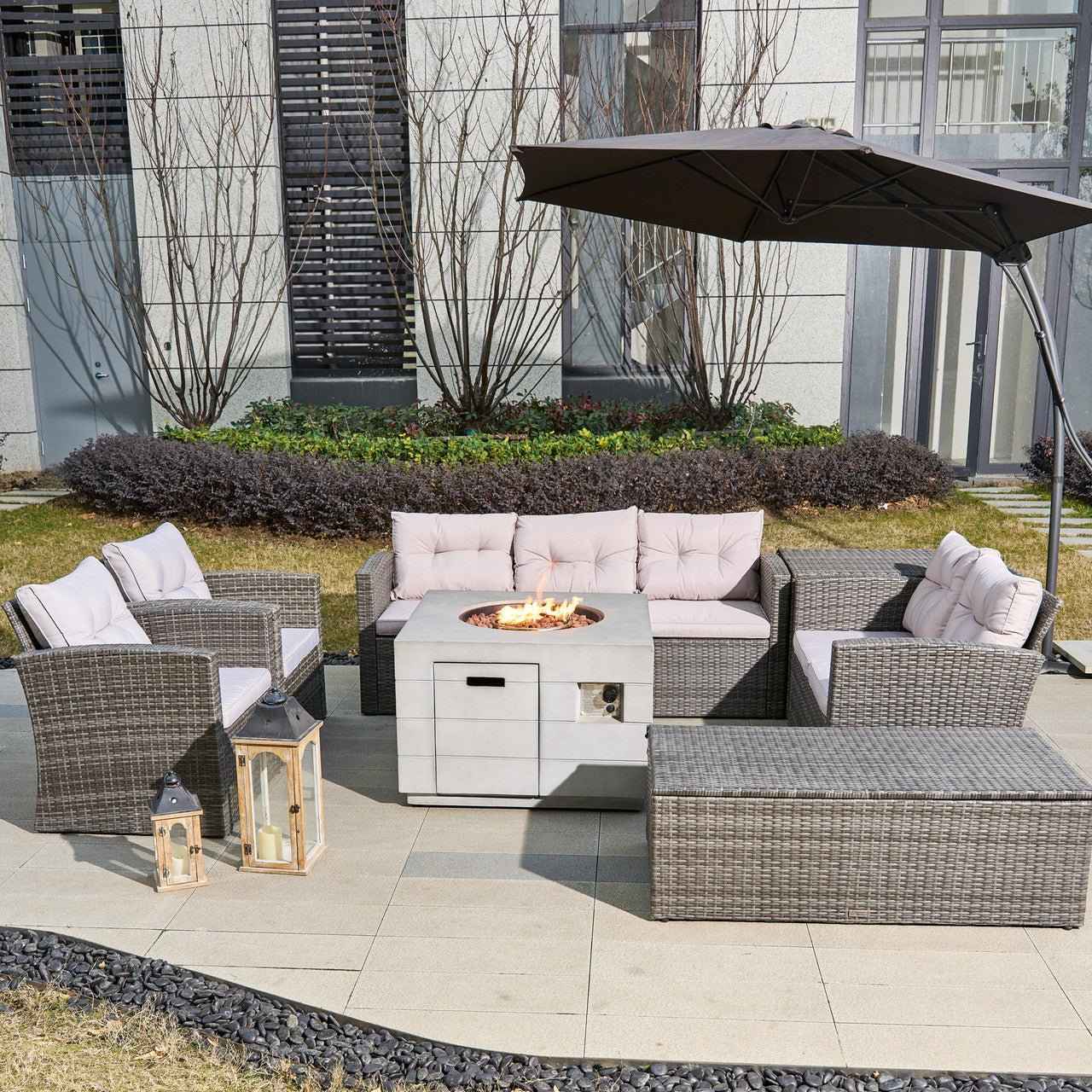 7-Piece Outdoor Fire Pit Sofa Set with Hand-Woven Rattan (PAS-1503-GR+2140)