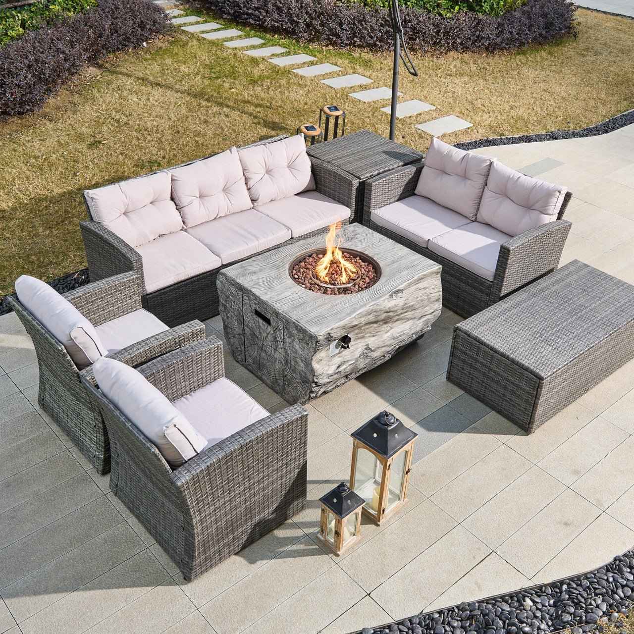 7-Seat Outdoor Fire Pit Sofa Set with TerraFlame Rectangular Fire Pit Table (PAS-1503+2170-GR)