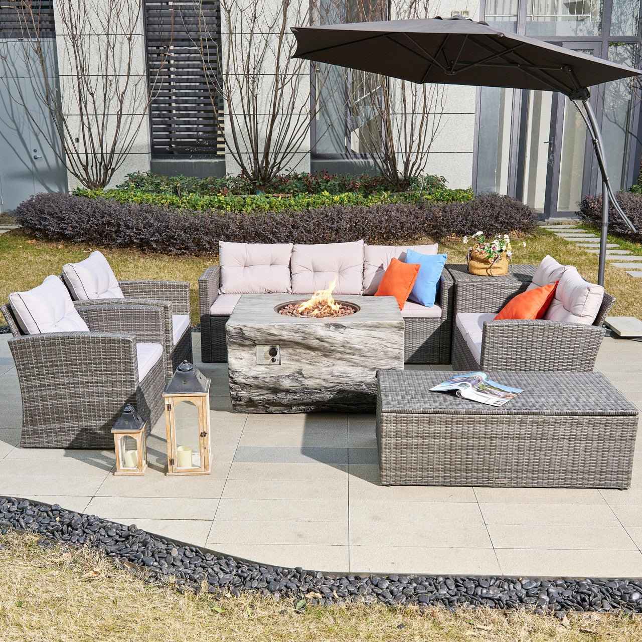 7-Seat Outdoor Fire Pit Sofa Set with TerraFlame Rectangular Fire Pit Table (PAS-1503+2170-GR)