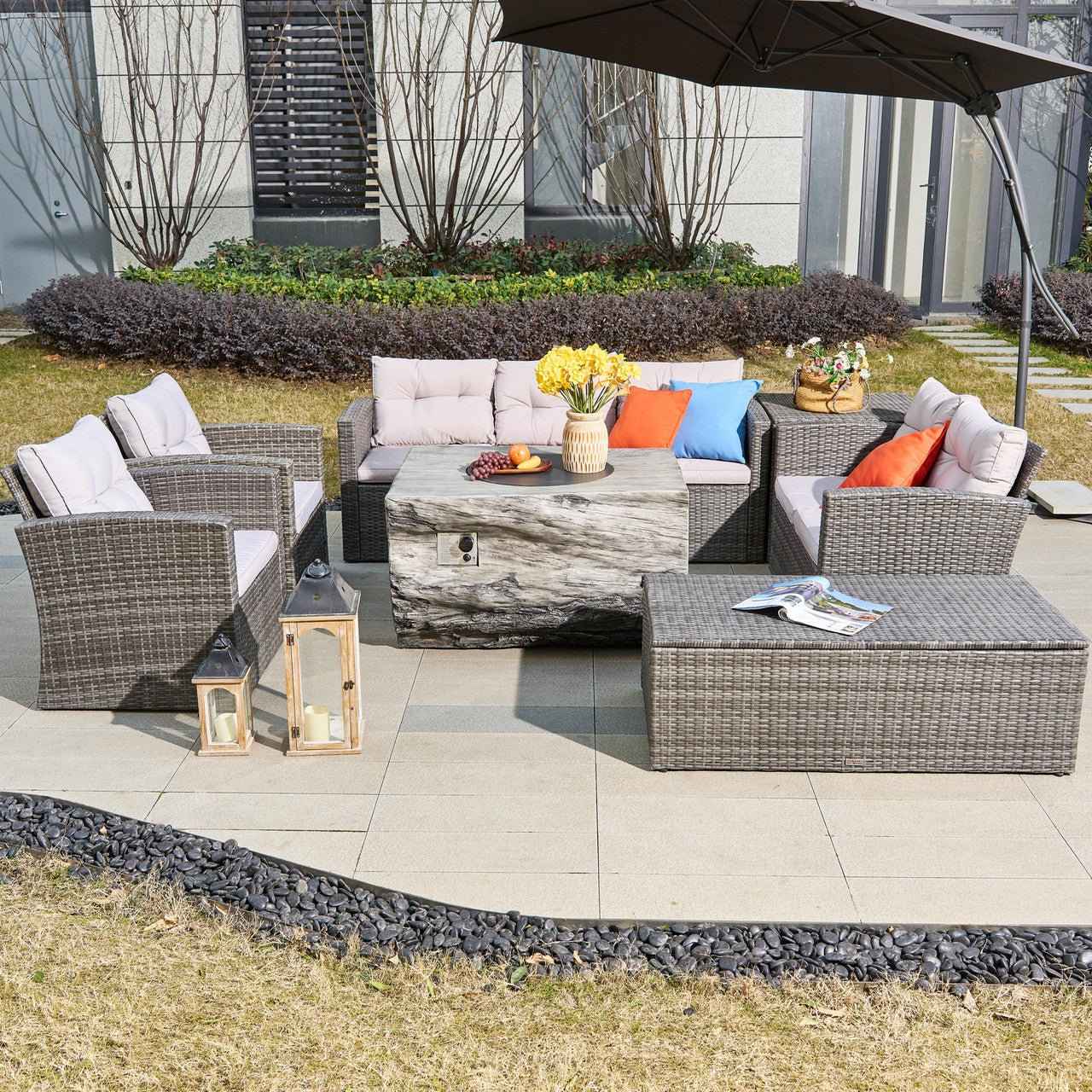 7-Seat Outdoor Fire Pit Sofa Set with TerraFlame Rectangular Fire Pit Table (PAS-1503+2170-GR)