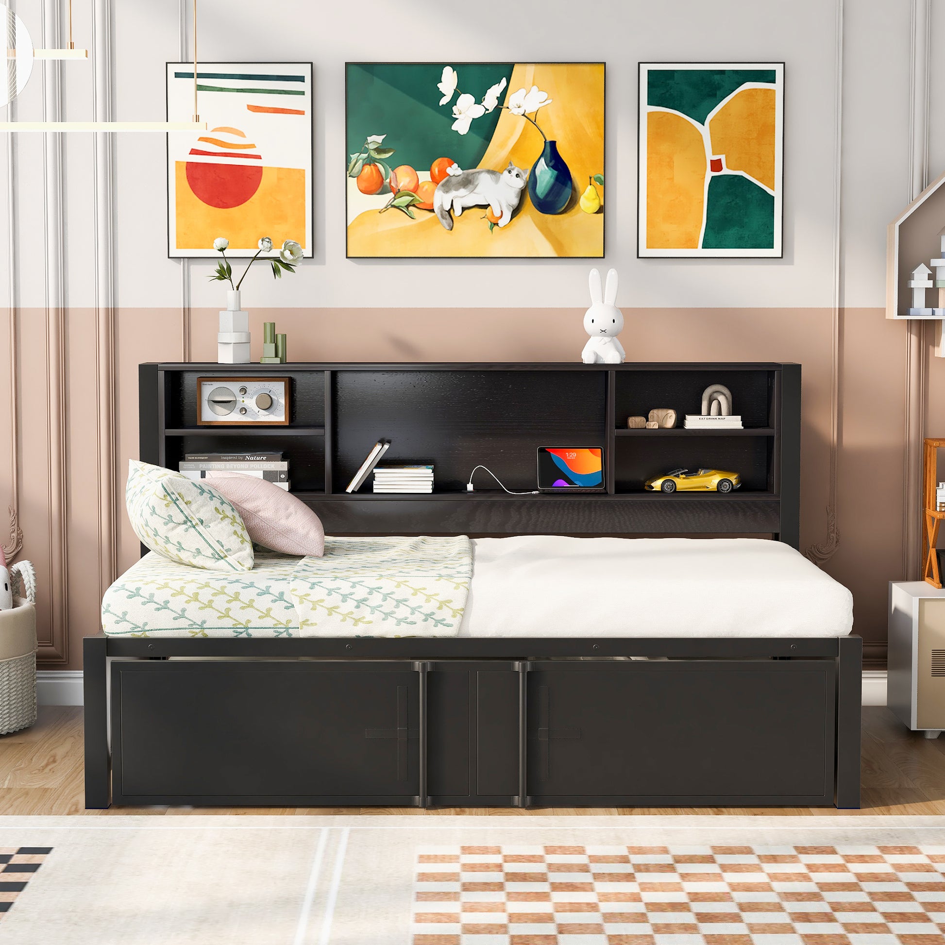 Metal Twin Size Daybed with Twin Size Trundle, Storage Shelves and USB Ports, Black - Abrihome
