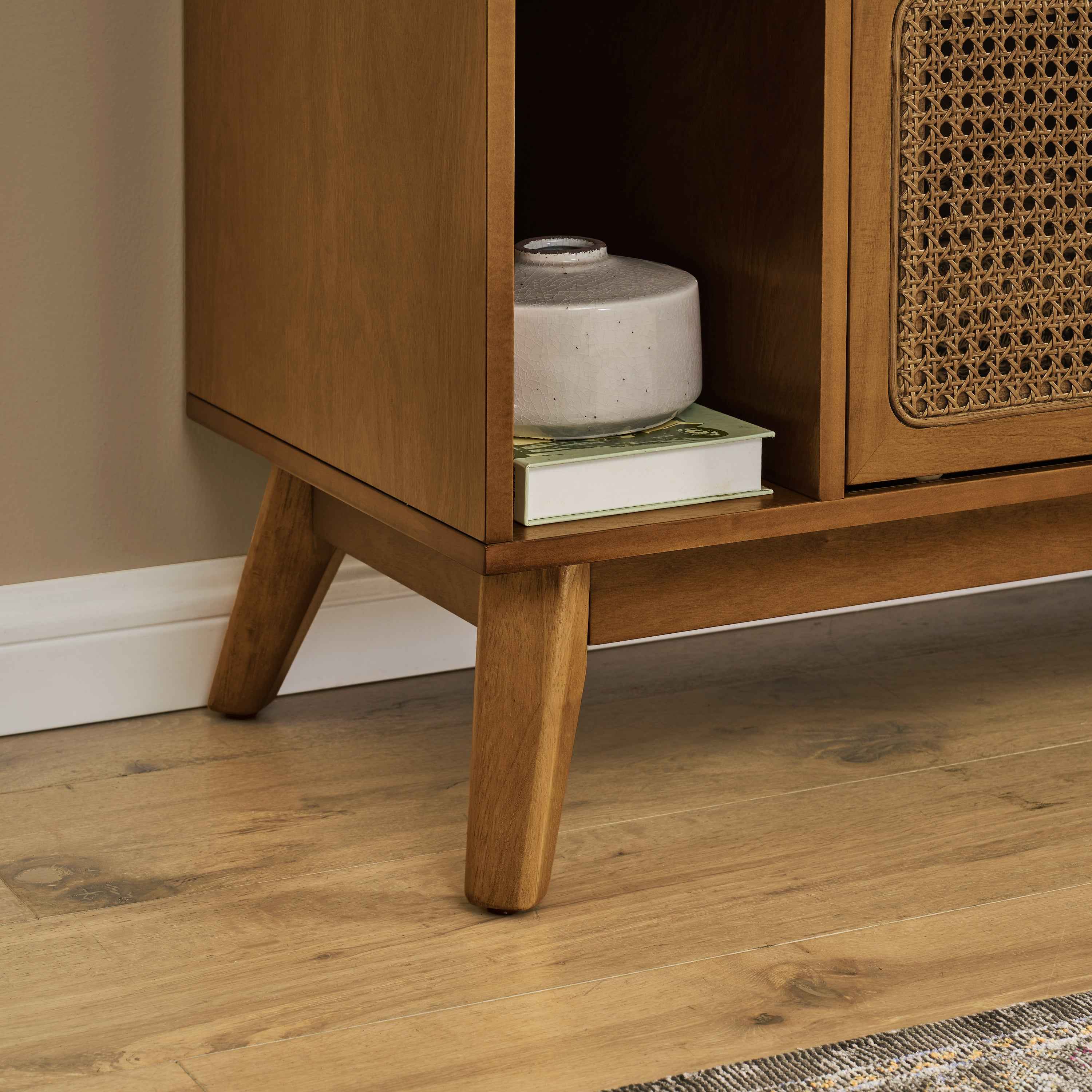 67.9 Inch Mid Century Modern Rattan TV Stand for TVs up to 75', Entertainment Cabinet, Media Console for Living Room Media Room, Solid Wood Feet & Rattan Cabinet Doors - Light Walnut