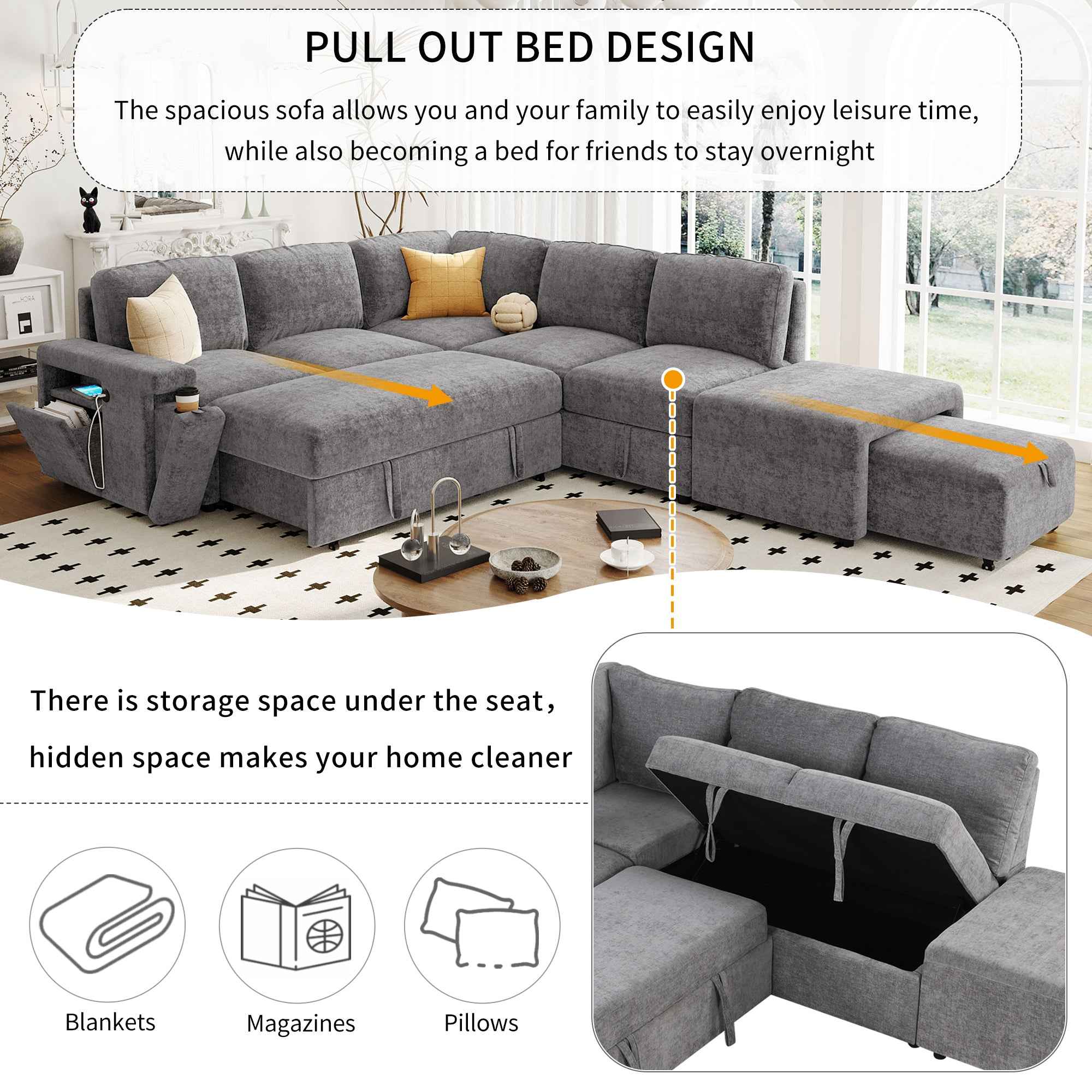 U_STYLE  L-shaped Padded Modular Sofa with Storage Space, USB Ports, and Cup Holders on the Armrests, Suitable for Living Rooms, Offices, and Apartments.