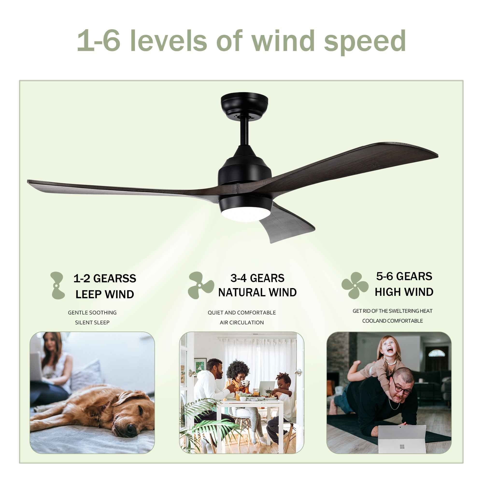 52' Ceiling Fan with Lights Remote Control,Quiet DC Motor 3 Blade Ceiling Fans 6 Speed Levels,Reversible Ceiling Fan, for Patio Living Room, Bedroom, Office,Indoor.(Matte Black +Black Walnut )