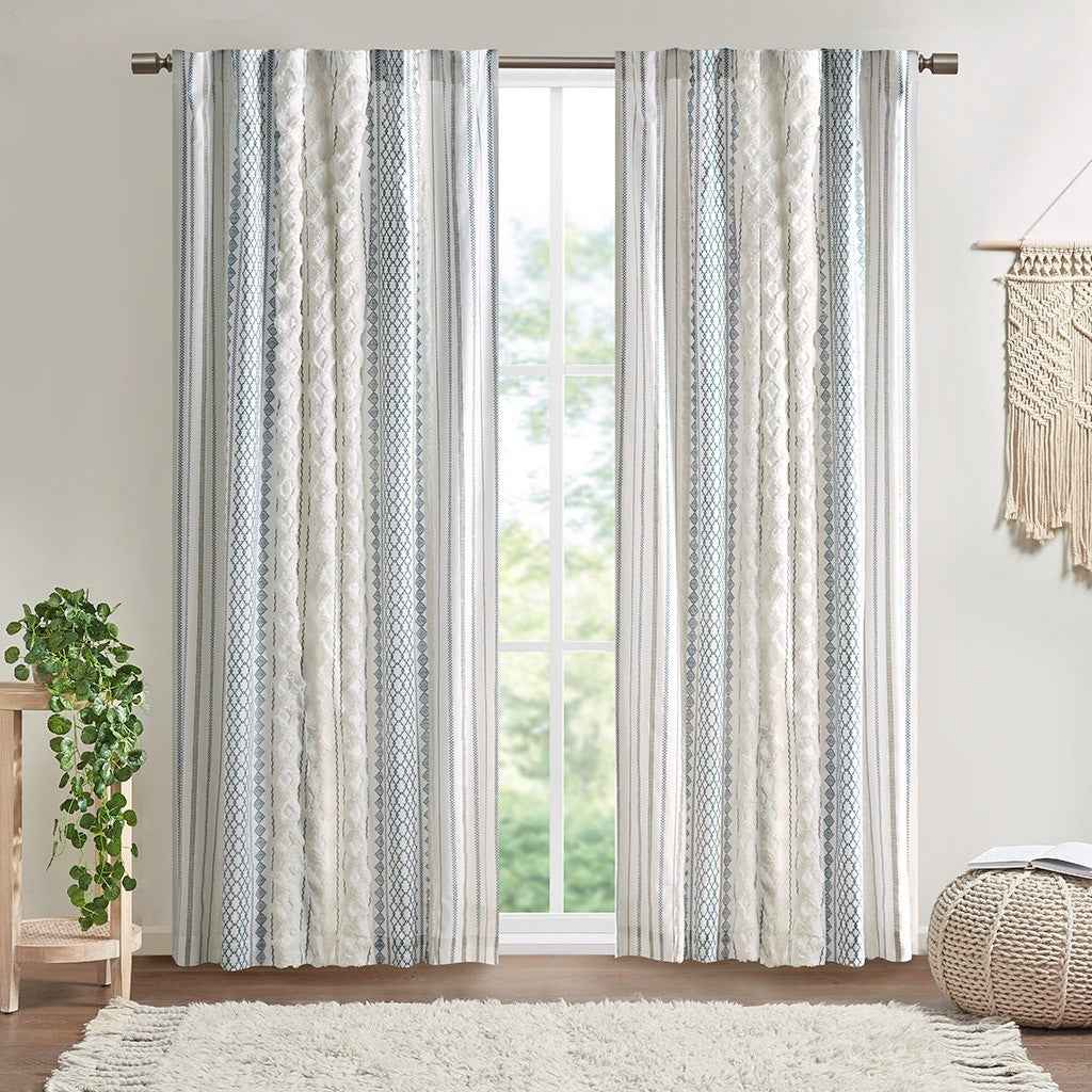 Cotton Printed Curtain Panel with Chenille Stripe and Lining White/Navy 50x95'