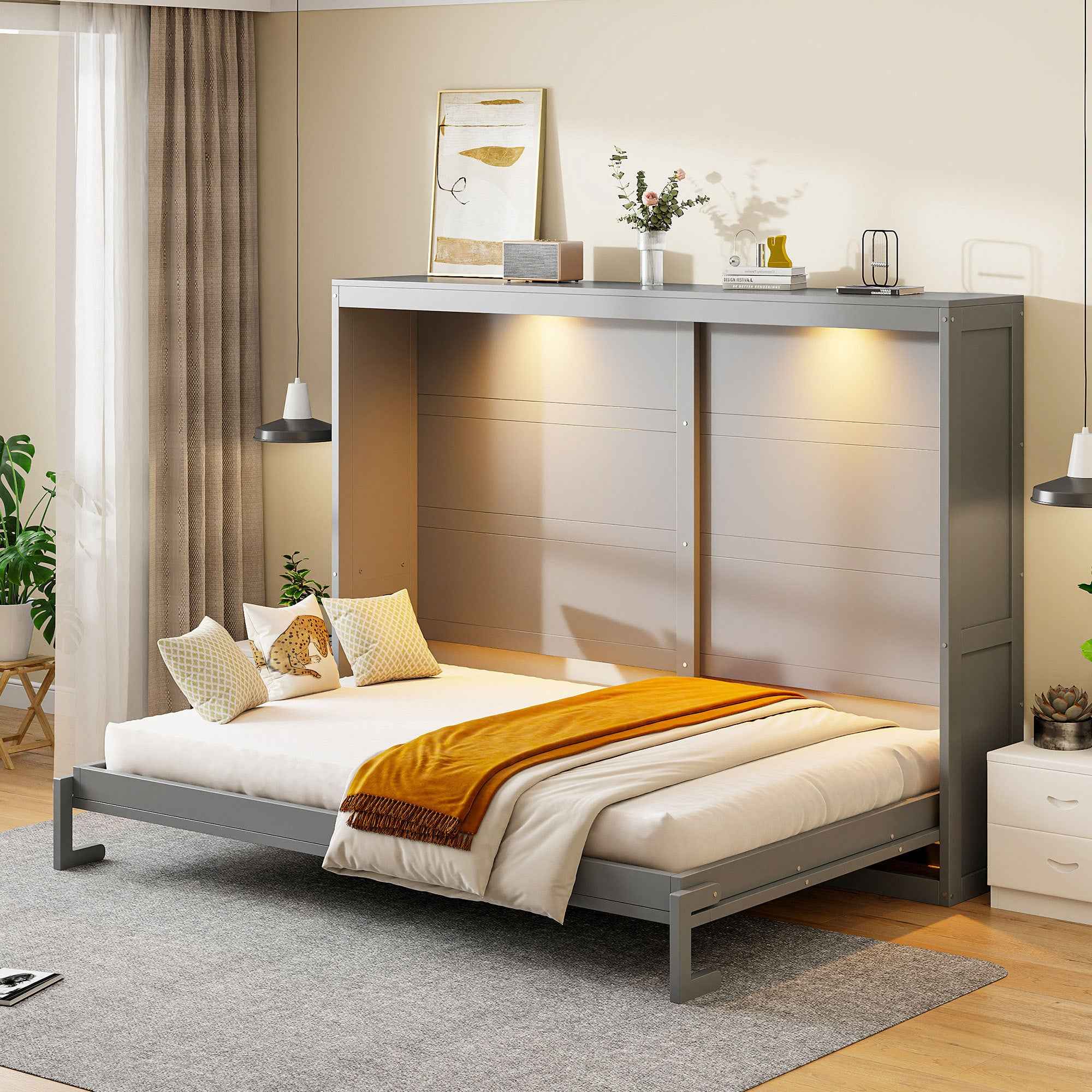 Queen Size Murphy Bed Wall Bed Modern design with LED Lights,Gray