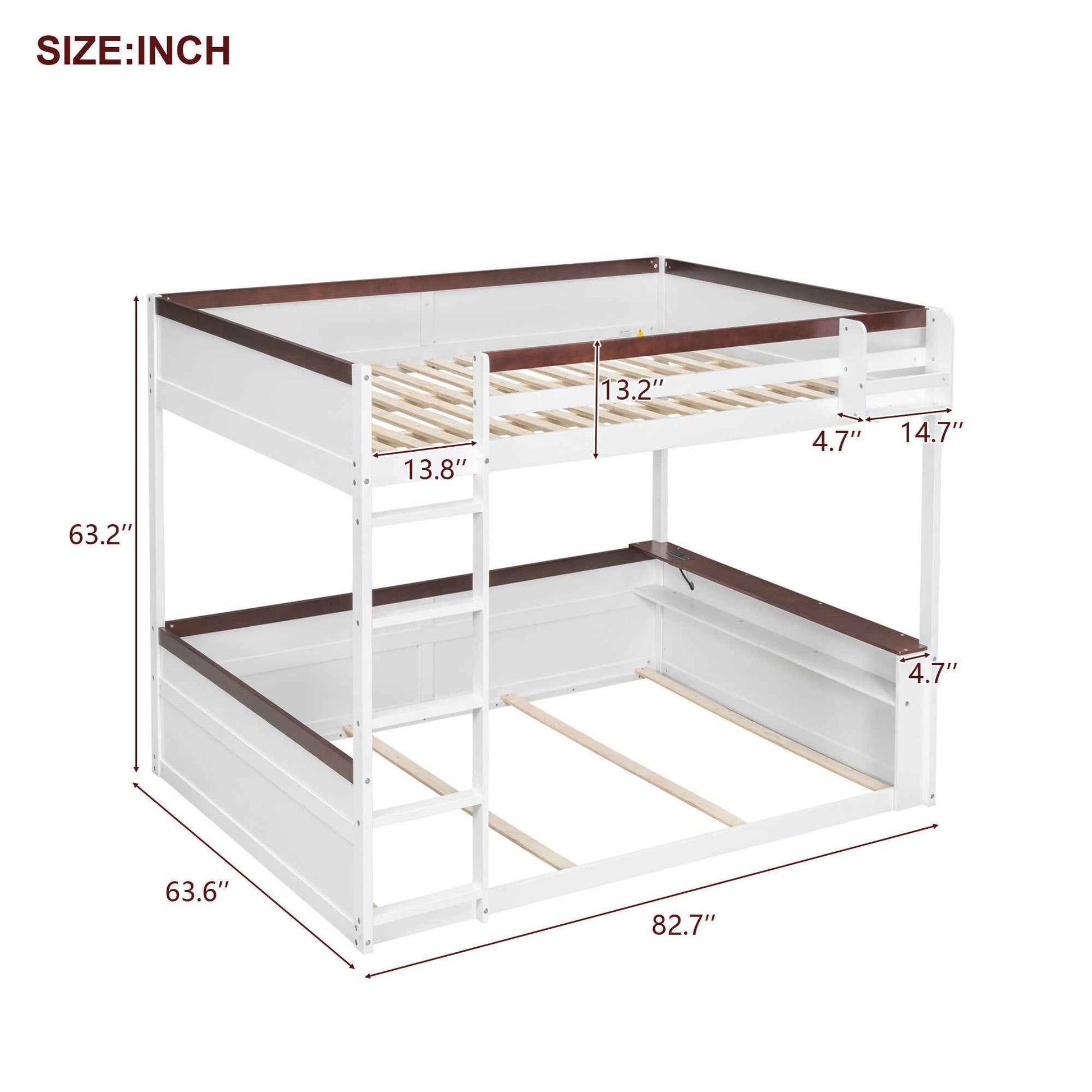 White Queen Size Wooden Bunk Bed with Built-in Shelves, Storage Box, LED Light, and USB Charging Station - Pine Wood + MDF