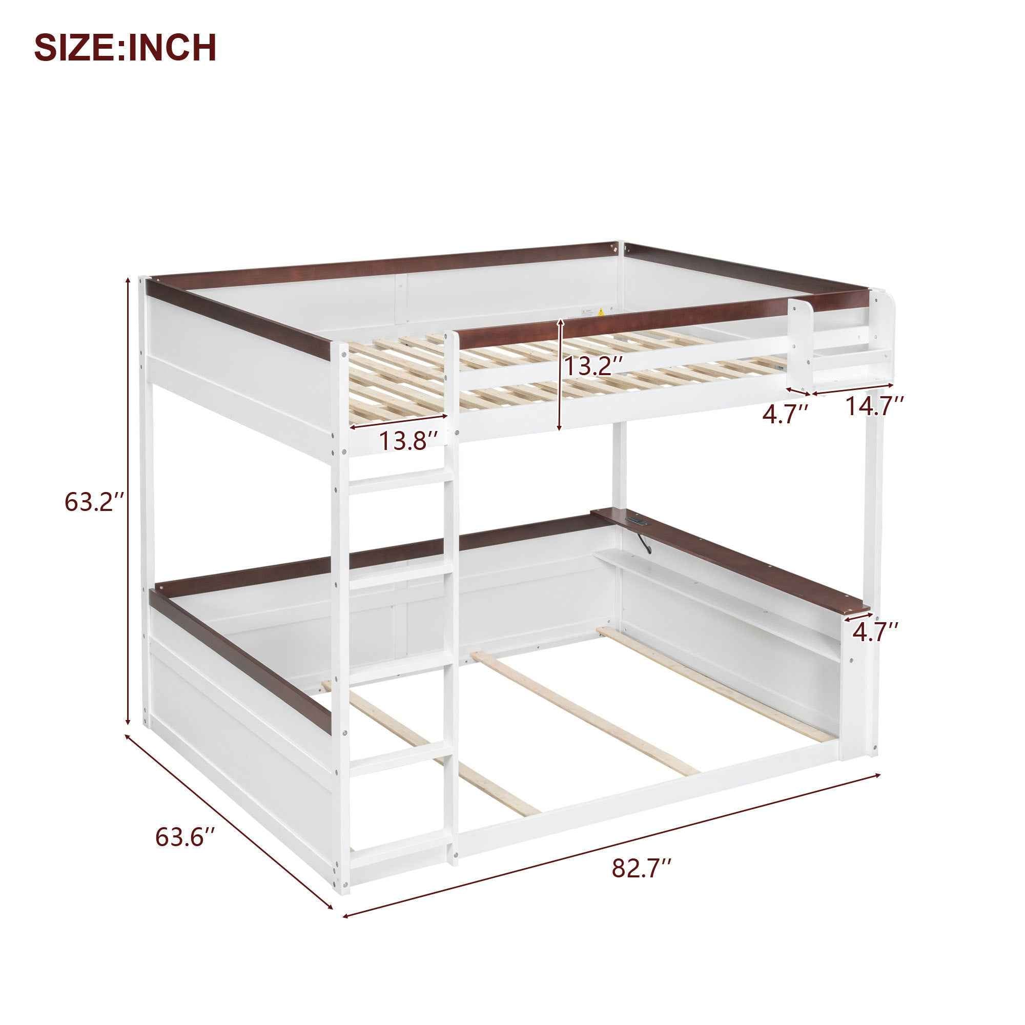 White Queen Size Wooden Bunk Bed with Built-in Shelves, Storage Box, LED Light, and USB Charging Station - Pine Wood + MDF