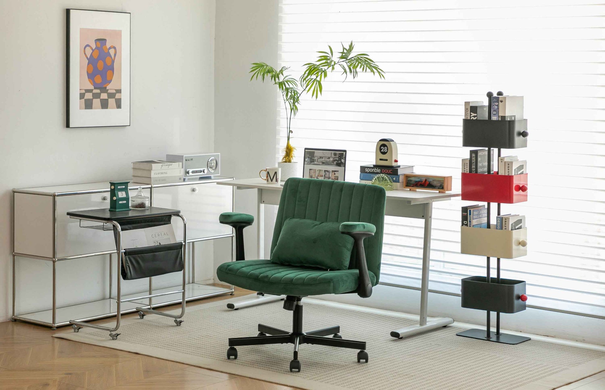 Green Velvet Criss Cross Armrest Office Chair with Wheels - Modern for Home Office, Meditation & Creative Work