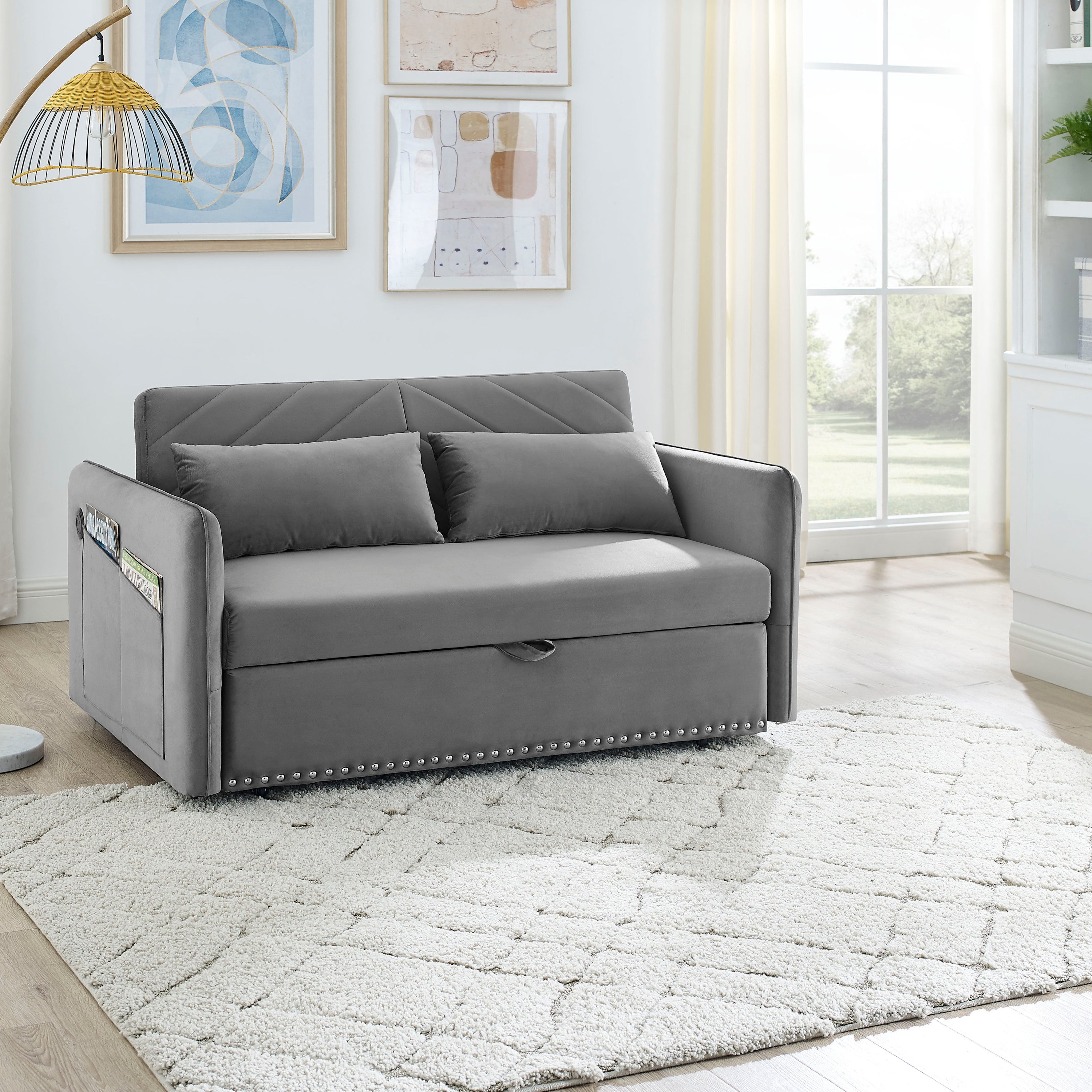 MH' Sleeper Sofa Bed w/USB Port, 3-in-1 adjustable sleeper with pull-out bed, 2 lumbar pillows and side pocket, soft velvet convertible sleeper sofa bed, suitable for living room bedroom - Abrihome