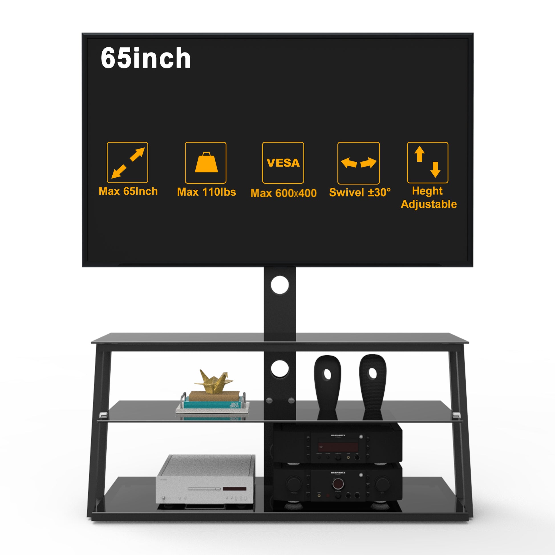 Black Multi-Function Angle And Height Adjustable Tempered Glass  TV Stand - Abrihome