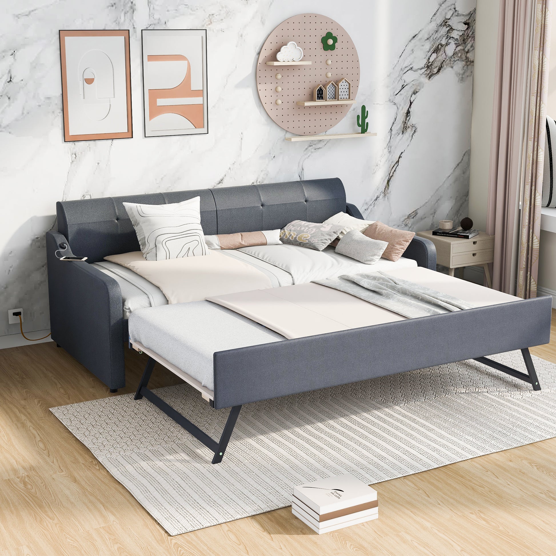 Twin Size Upholstery DayBed with Trundle and USB Charging Design,Trundle can be flat or erected,Gray - Abrihome