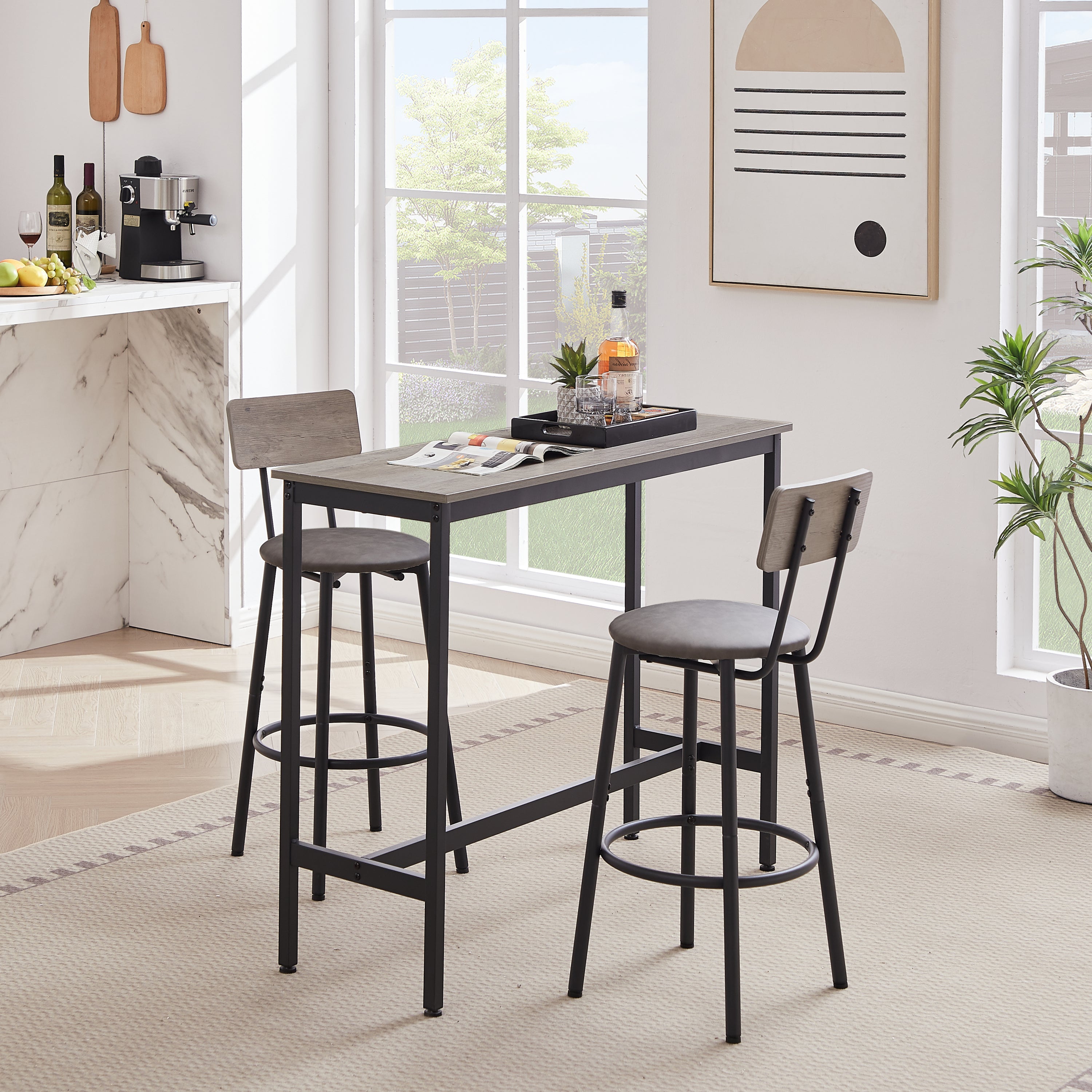 Bar Table Set with 2 Bar stools PU Soft seat with backrest, Grey, 43.31'' L x 15.75'' W x 35.43'' H.