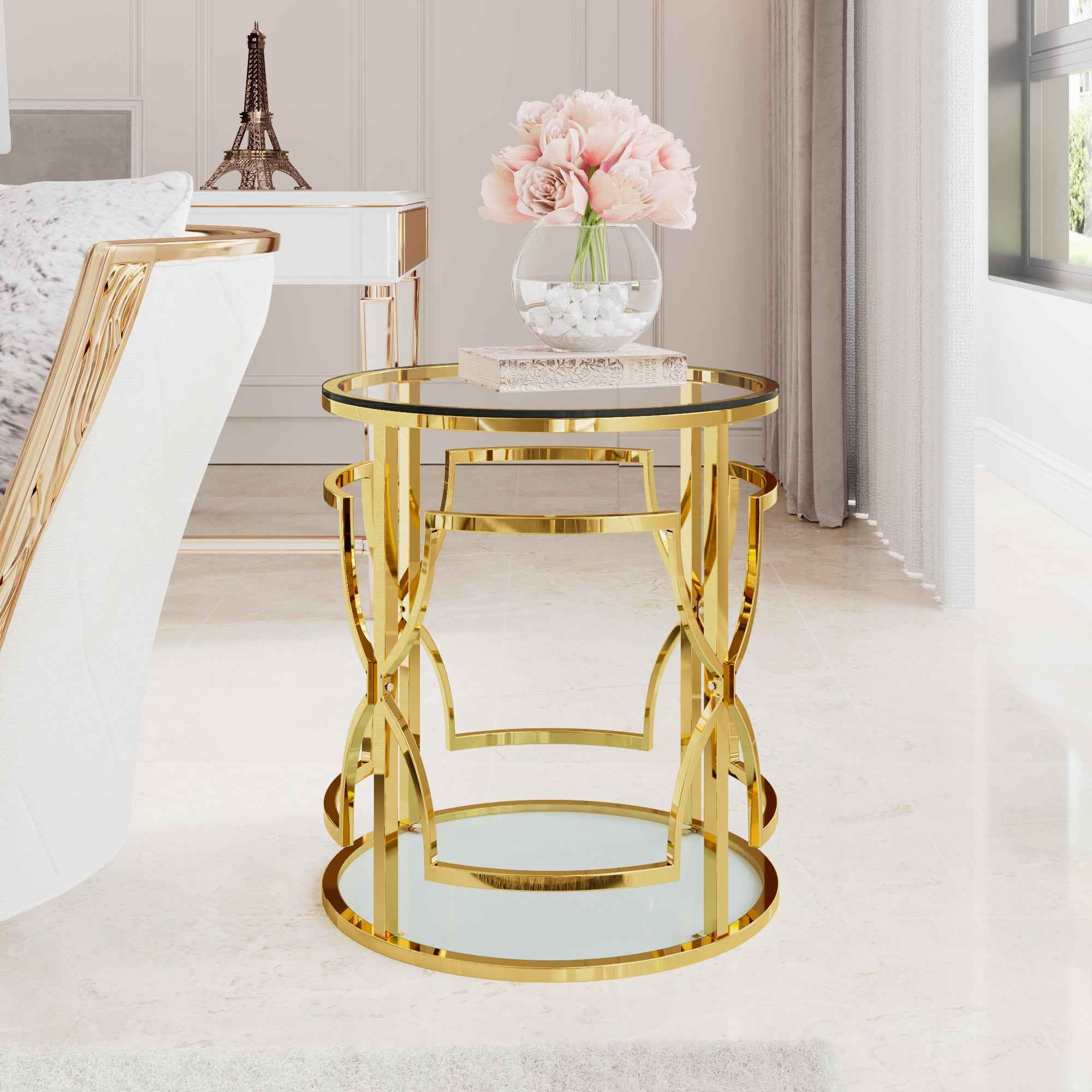 19.7' Luxury Gold Round Side Table with Tempered Glass Top & Storage Shelf, Modern Glam End Table with Metal Frame for Living Room, Bedroom, Sofa Side, Small Space Accent Table
