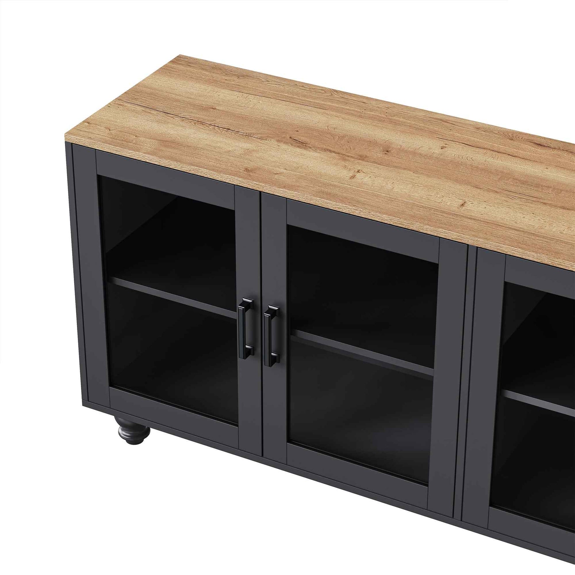 Farmhouse TV Stand with Solid Wood Gourd-Shaped Legs for TVs Up to 70', Entertainment Center with Bookshelves & Tempered Glass Doors, Media Console with Adjustable Shelves, Living Room, Black