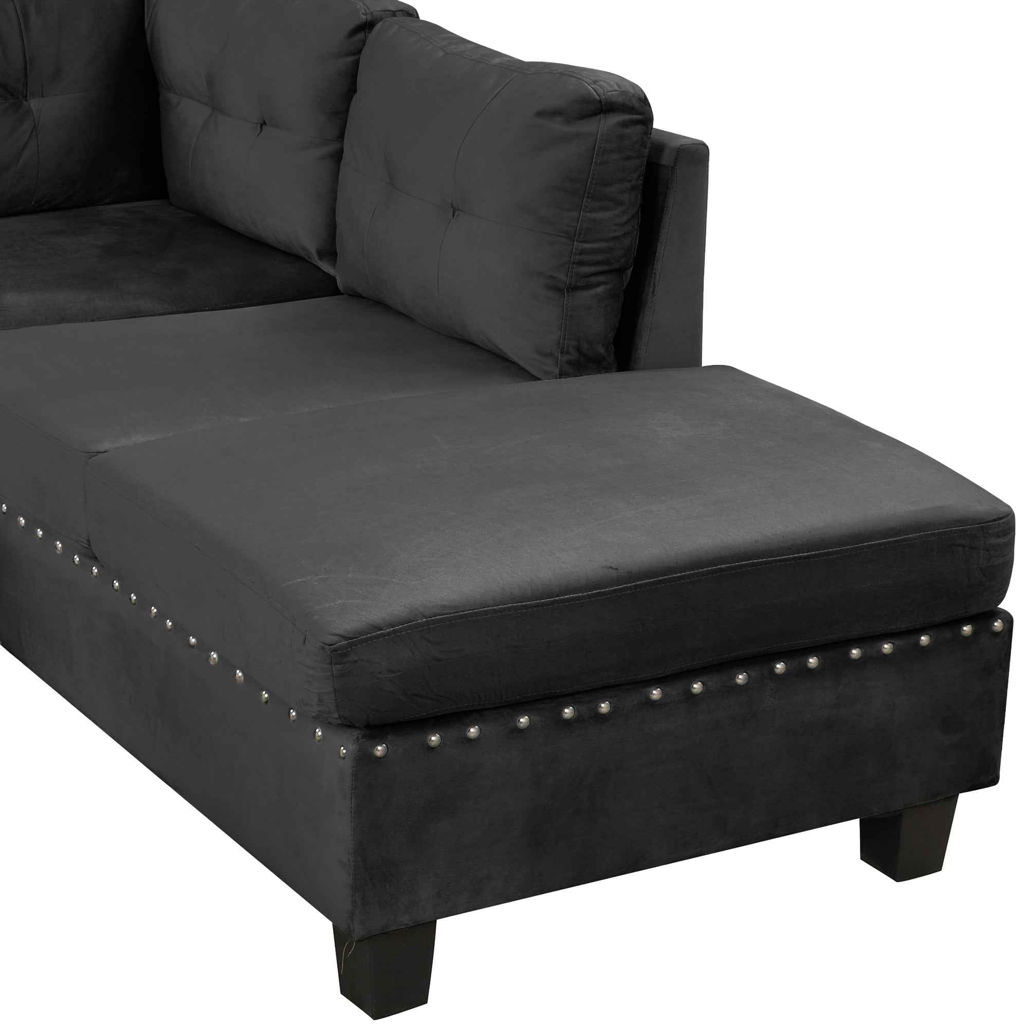 Modern Sectional Sofa with Storage Ottoman, L-Shape Couch with 2 Pillows and Cup Holders, Black Velvet, 105'