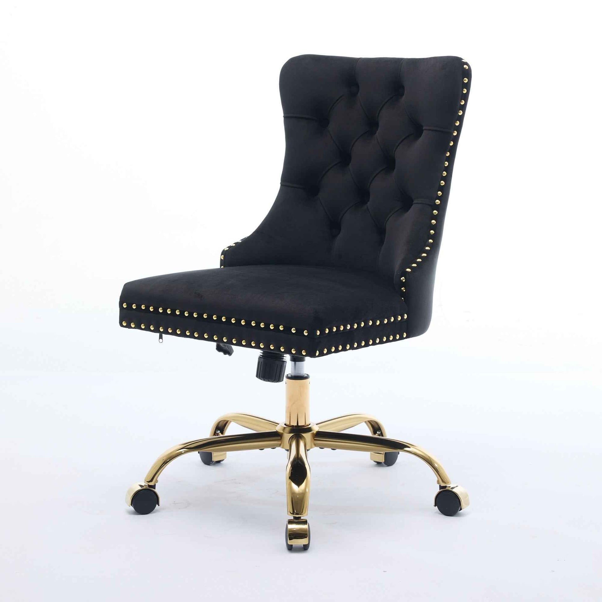 A&A Furniture Office Chair,Modern Velvet Upholstered Tufted Button Home Office Chair with Golden Metal Base,Adjustable Desk Chair Swivel Office Chair (Black)