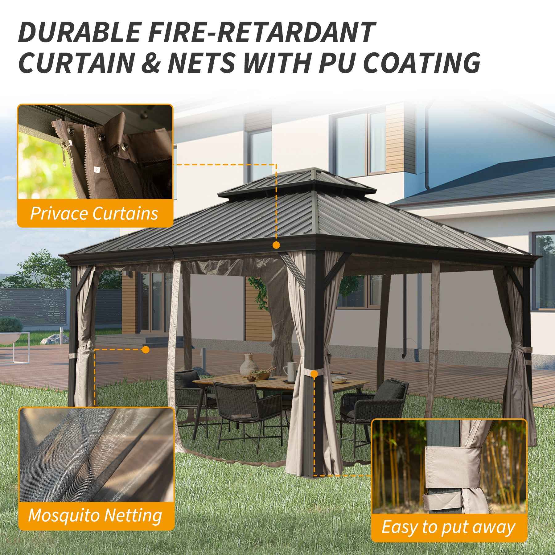 10' X 14' Hardtop Gazebo Permanent Outdoor Gazebo with Galvanized Steel Double Roof, Aluminum Frame, Curtains and Netting for Patio Lawn and Garden, Brown