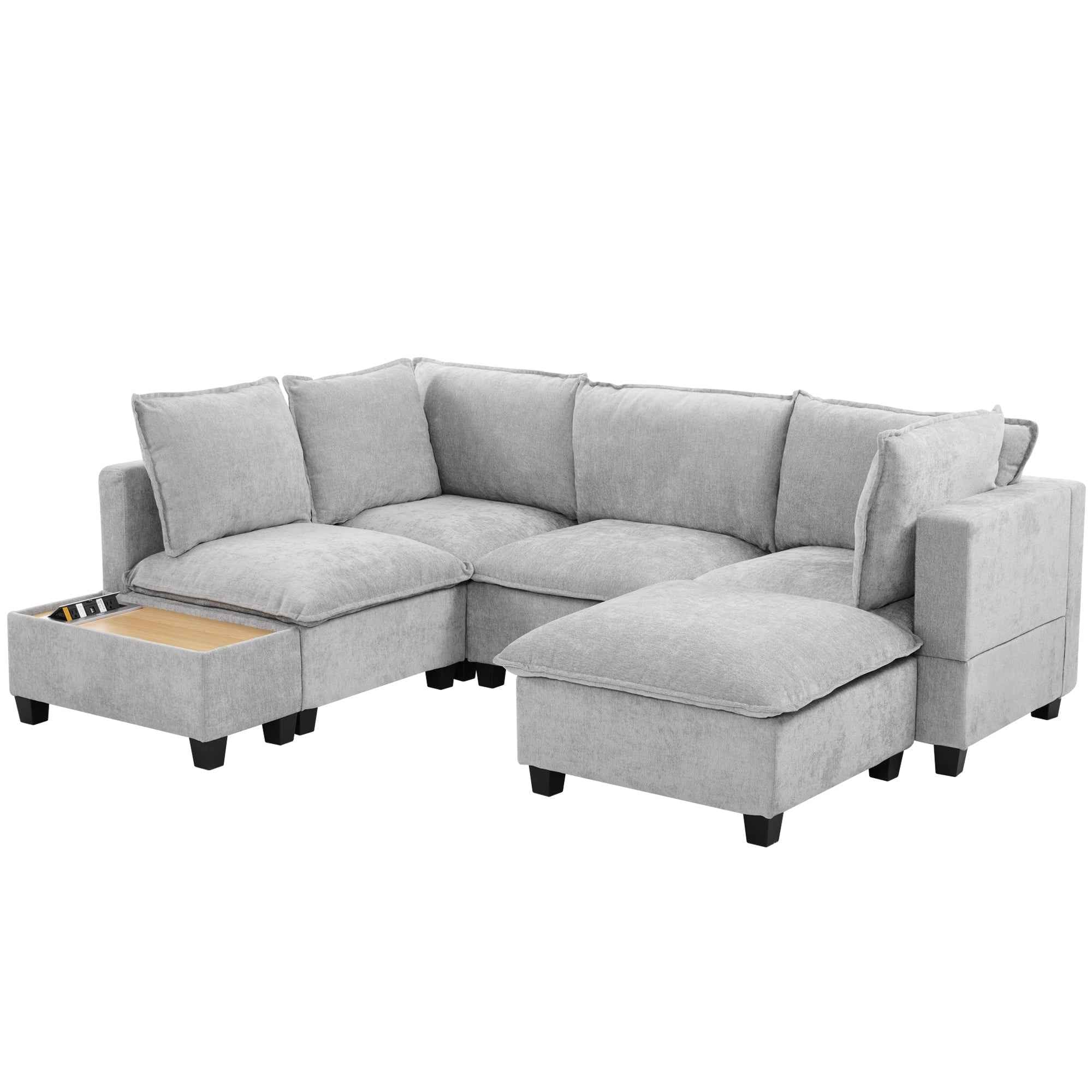 Modular 90' U-shaped Sectional Sofa with Movable Ottoman and Hidden Charging Coffee Table, Grey, Chenille