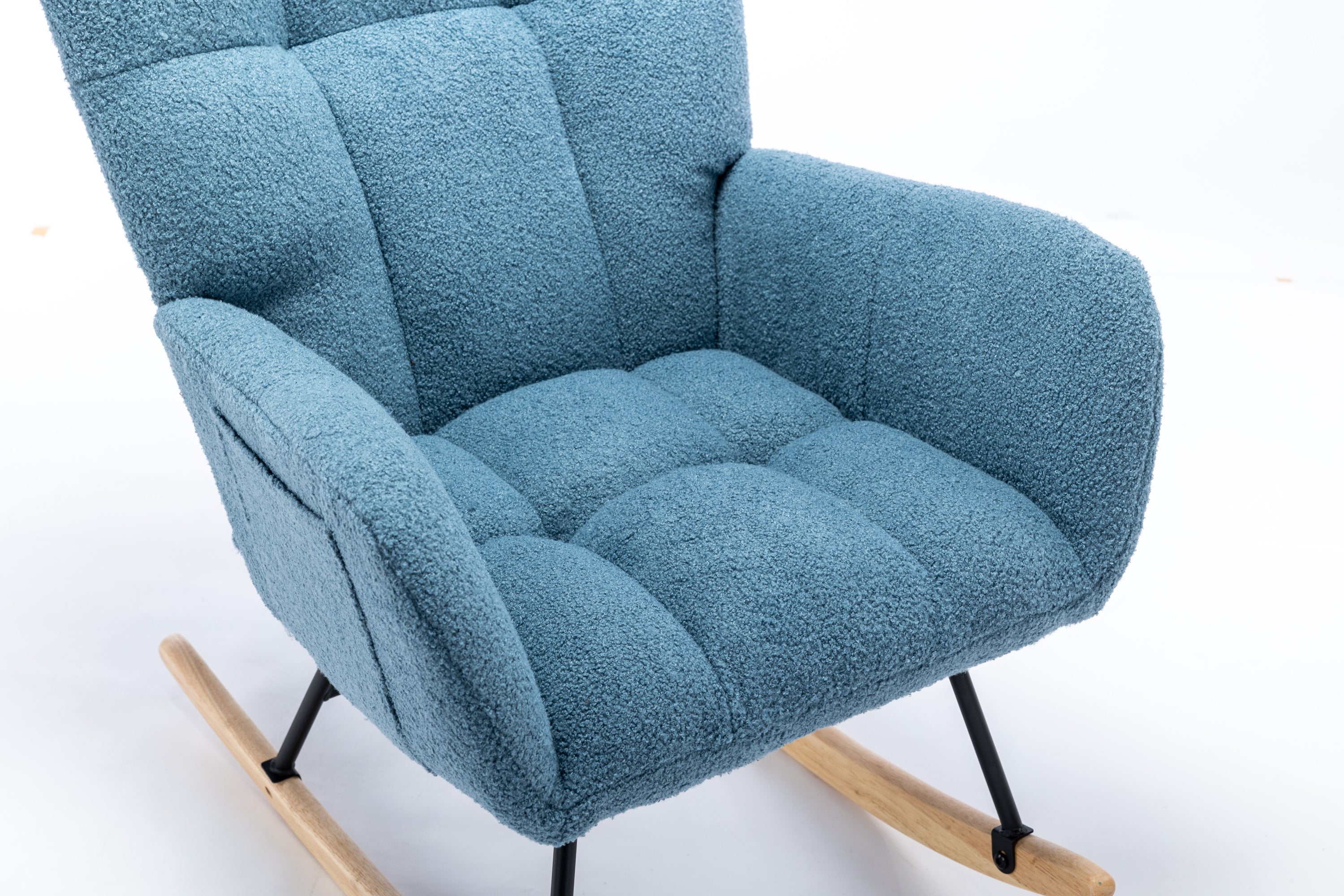 Rocking Chair with Pocket, Soft Teddy Fabric Rocking Chair for Nursery, Comfy Wingback Glider Rocker with Safe Solid Wood Base for Living Room Bedroom Balcony (blue)