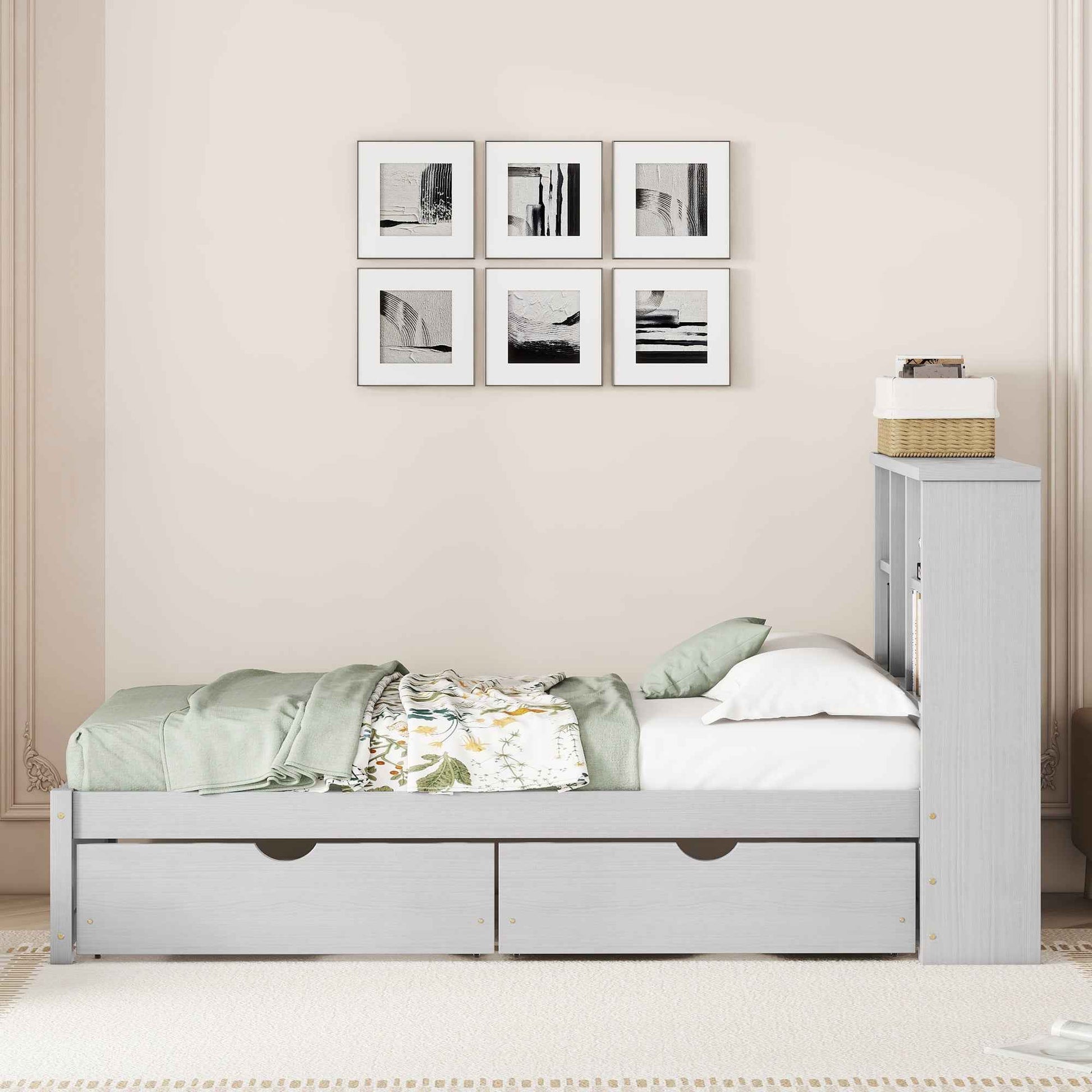 Modern Twin Size Bed Frame With Built-in USB Port on Bookcase Headboard and 2 Drawers for Grey Color