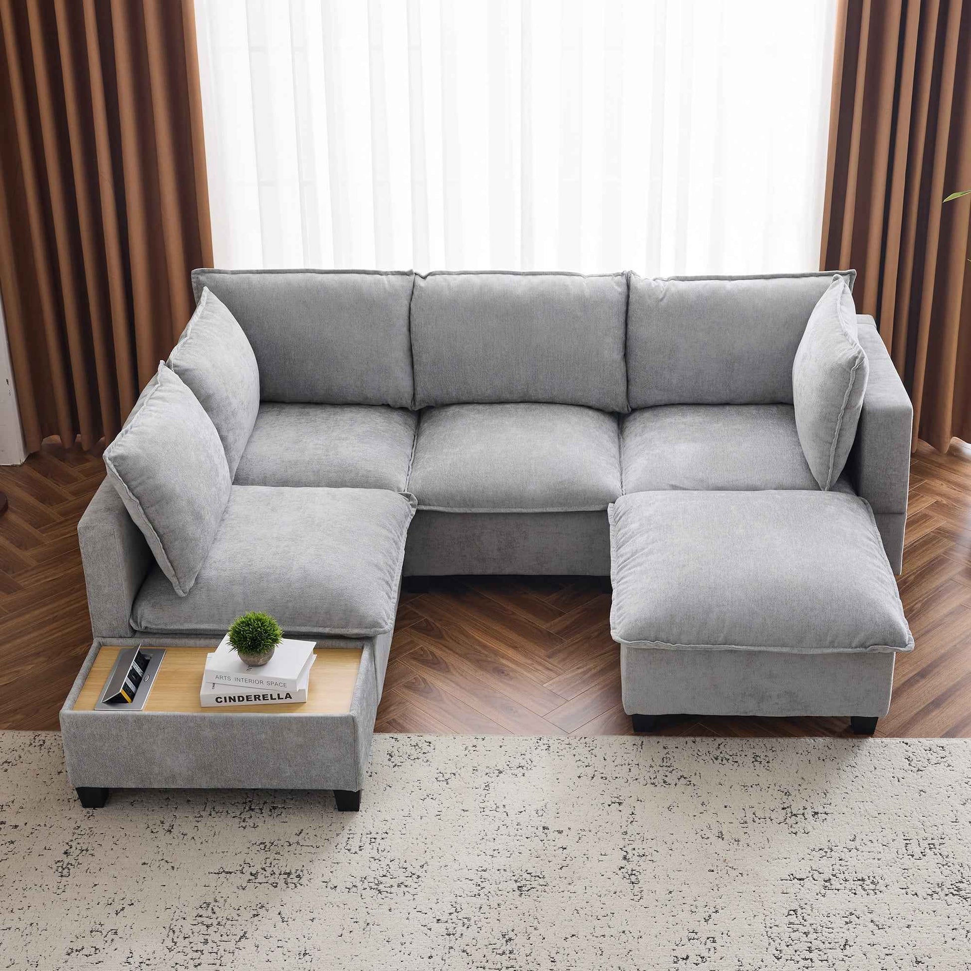 Modular 90' U-shaped Sectional Sofa with Movable Ottoman and Hidden Charging Coffee Table, Grey, Chenille