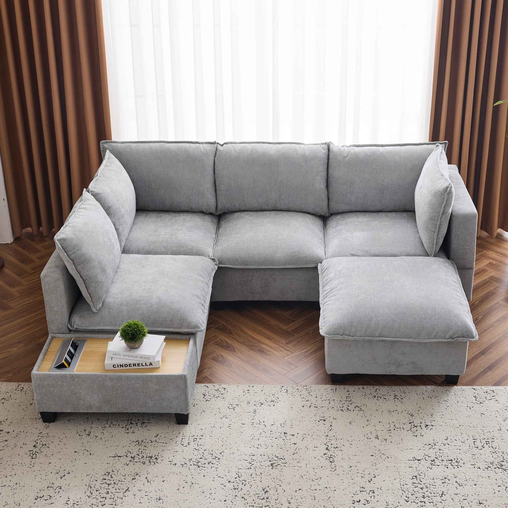 Modular 90' U-shaped Sectional Sofa with Movable Ottoman and Hidden Charging Coffee Table, Grey, Chenille