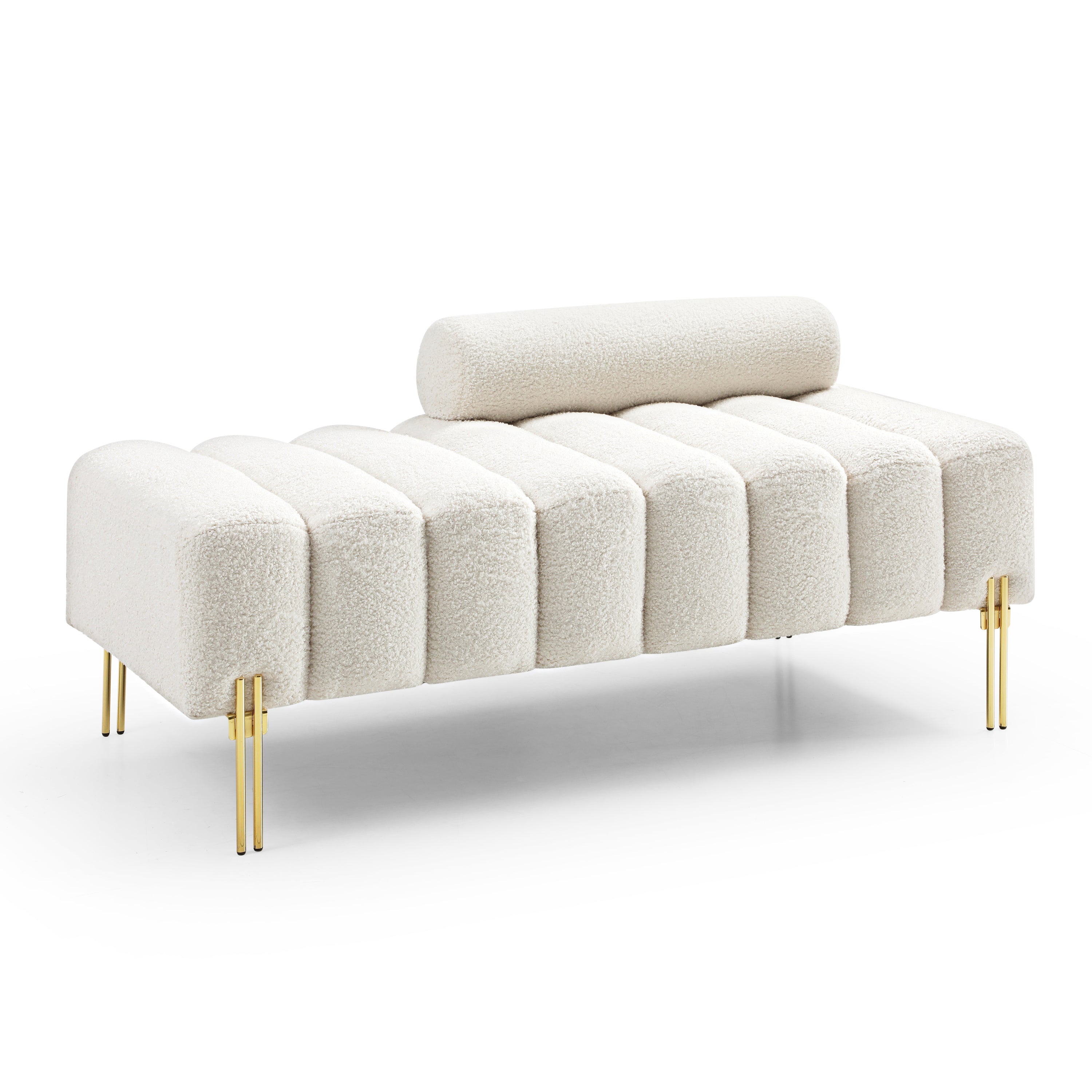 53.2"Width Modern End of Bed Bench Sherpa Fabric Upholstered 2 Seater Sofa Couch Entryway Ottoman Bench Fuzzy Sofa Stool Footrest Window Bench with Gold Metal Legs for Bedroom Living Room,Beige