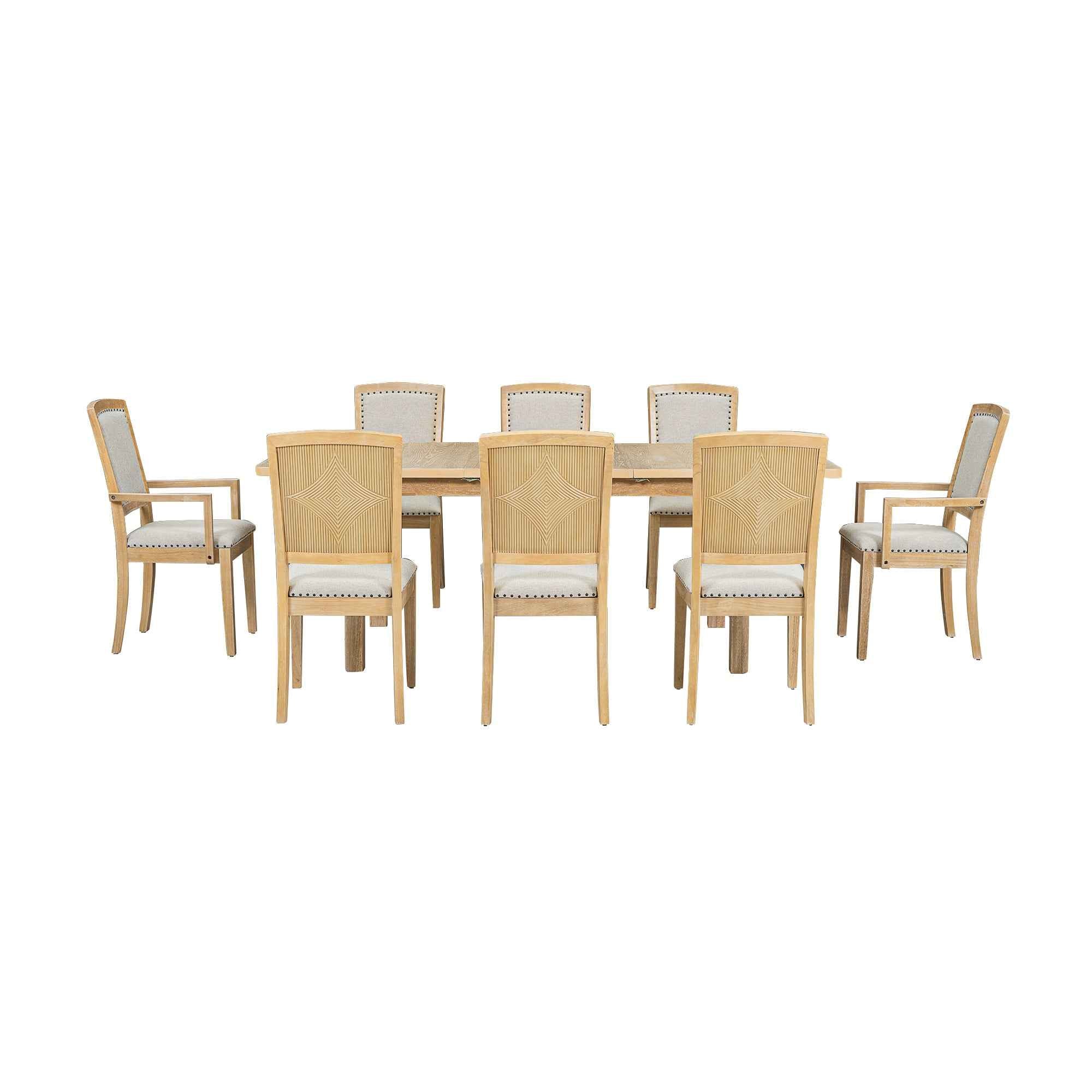 TOPMAX Rustic Extendable Dining Table Set with Removable Leaf, 6 Upholstered Armless Dining Chairs and 2 Padded Arm Chairs, Natural