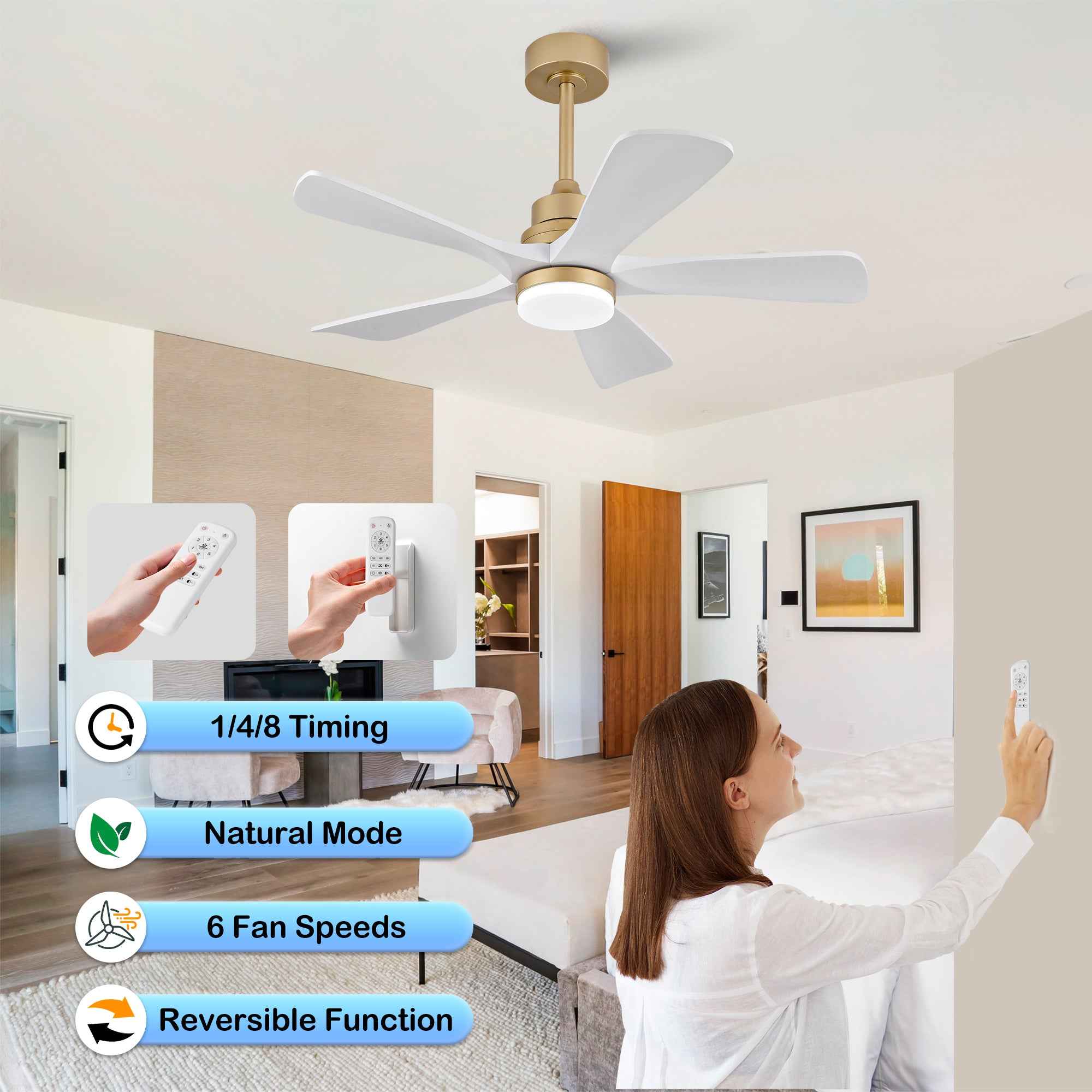 Hot sales 42 Inch Indoor Ceiling Fan With Dimmable LED Light 5 Solid Wood Blades Remote Control Reversible DC Motor