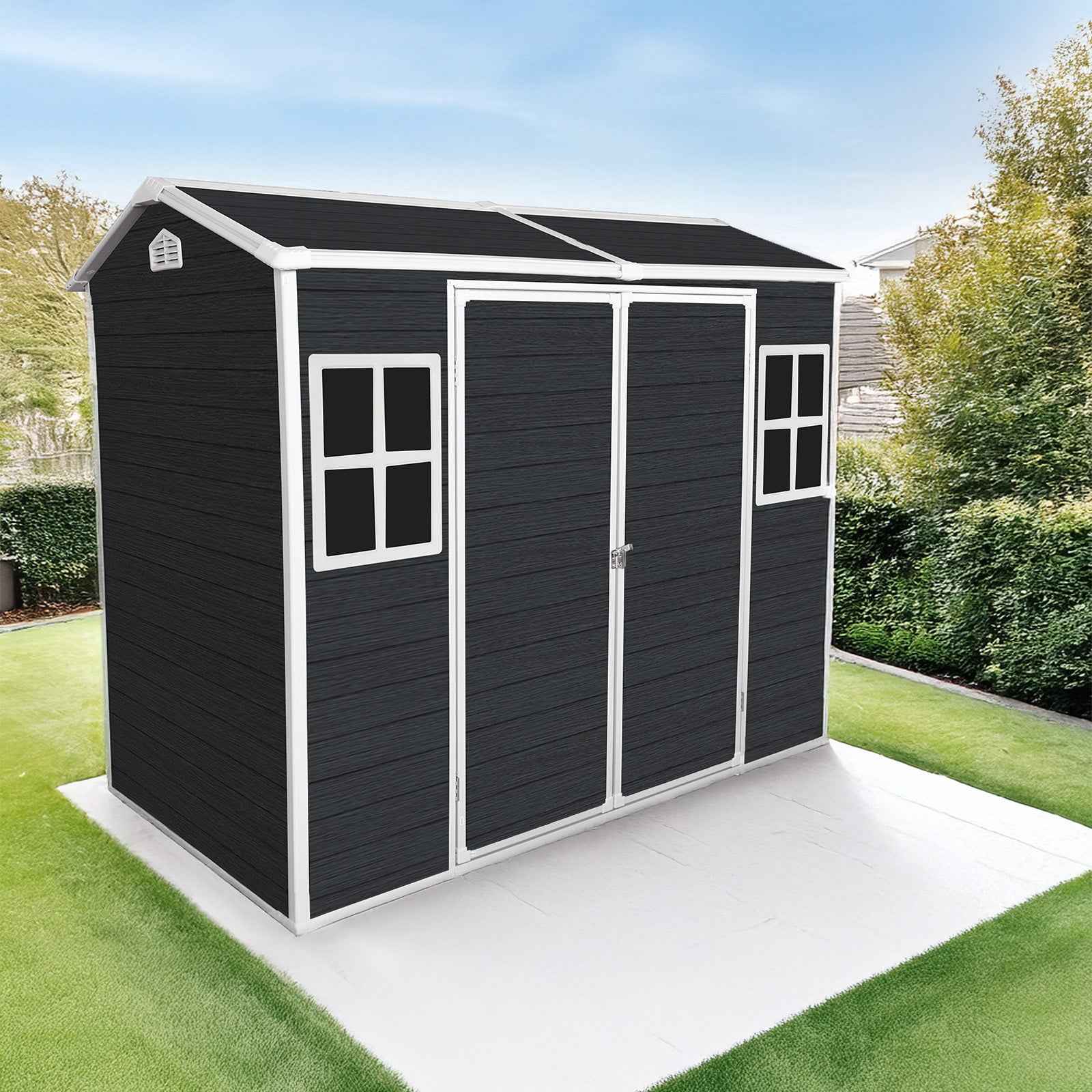 8x4ft Outdoor Resin Garden Shed with Floor and 2 Windows, Plastic Patio Outdoor Storage Shed with Lockable Door for Garden Tools, Bicycles, Trash Cans, Black