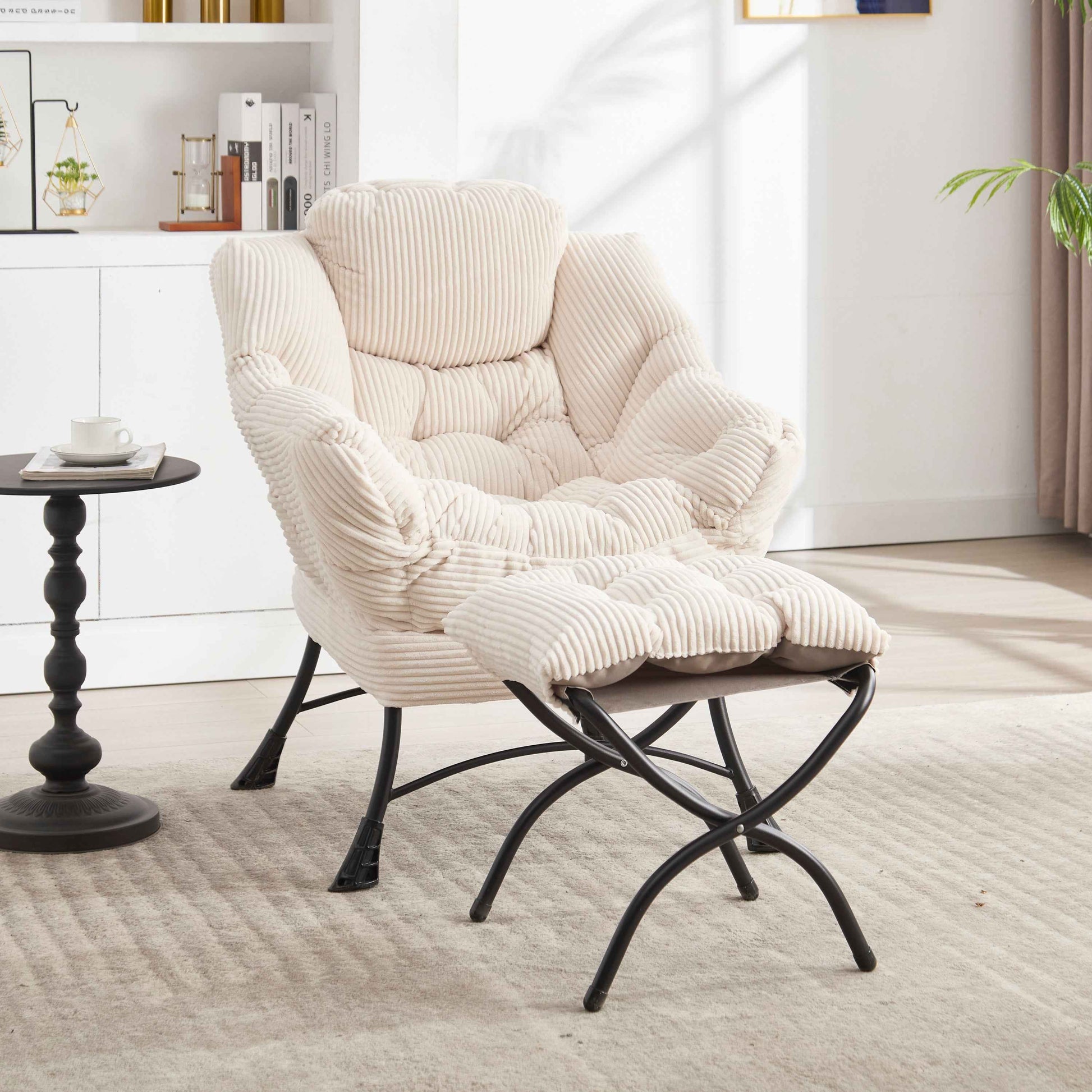 Lazy Chair with Ottoman, Modern Lounge Accent Chair with Armrests and a Side Pocket, Leisure Upholstered Sofa Chair Reading Chair with Footrest for Small Space, Corner Chair-White