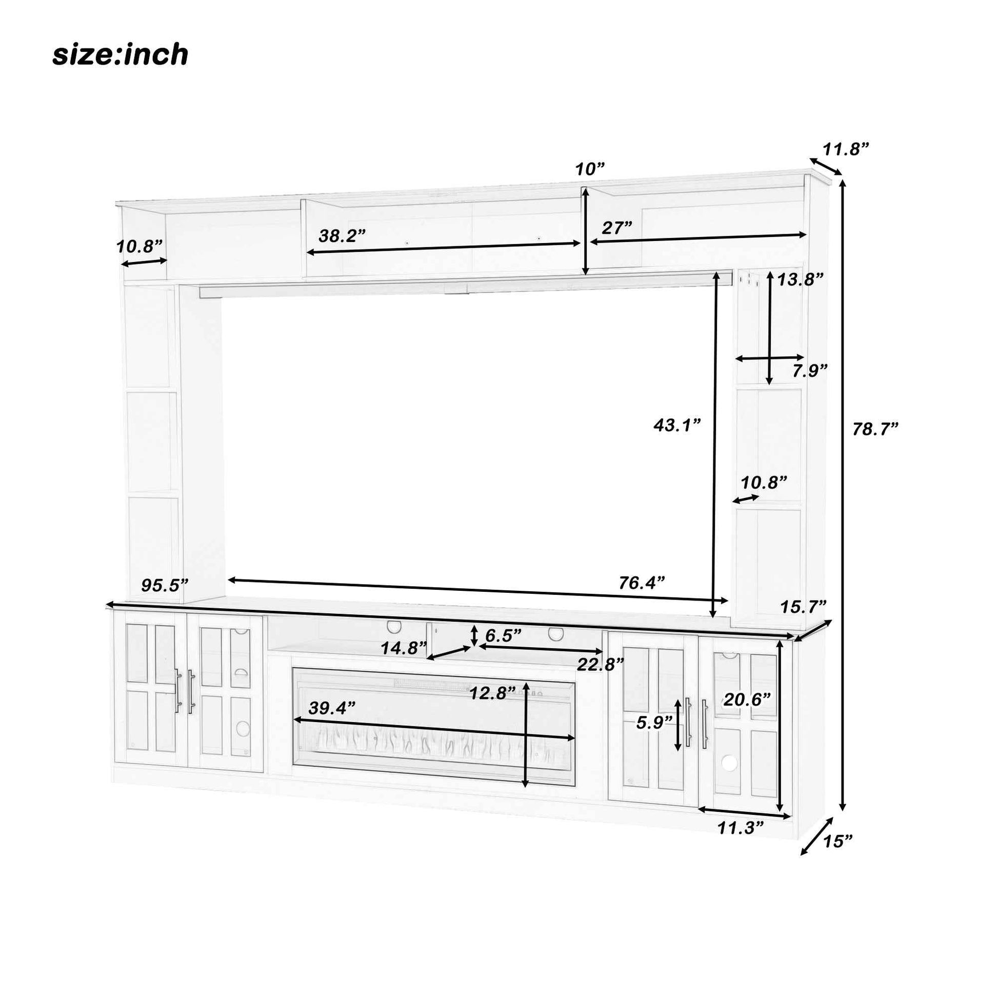 U-Can 95.5' W Wall Unit Entertainment Center with Bookshelves for TVs up to 80', Modern TV Stand Media Console with electric fireplace  Cabinets,  and Adjustable Shelves for Living Room