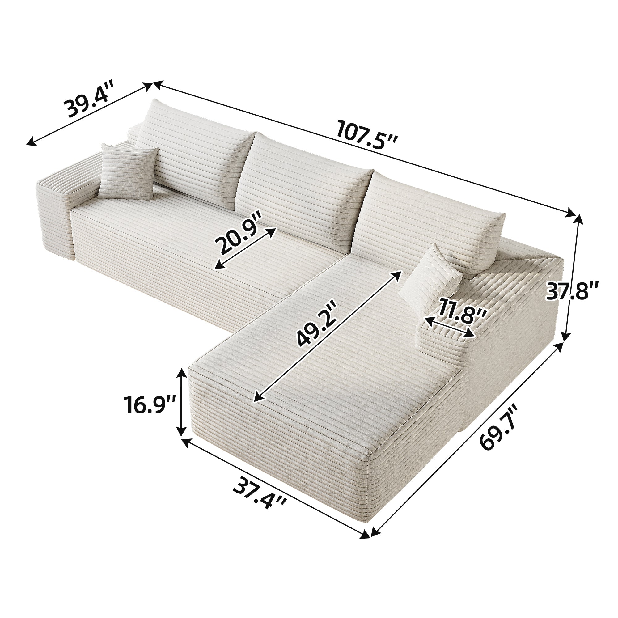 107' Cloud Sectional Couch with L-Shape Chaise,Modern Modular Sofa with Deep Seat, Upholstered Couches for Living Room Bedroom,No Assembly Required, (Plush Corduroy Fabric),White - Abrihome